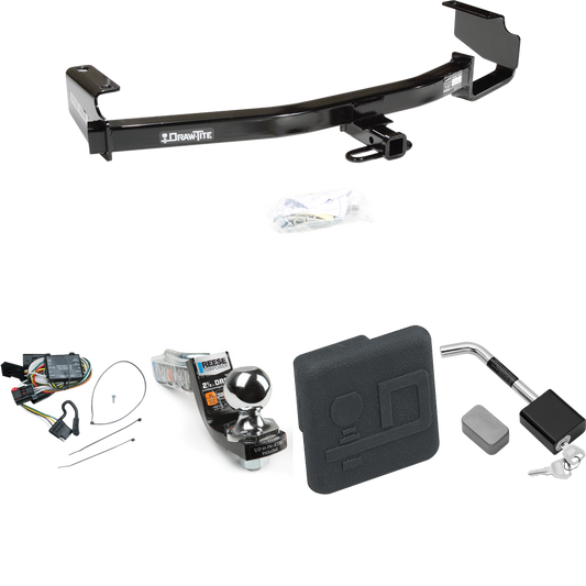 Fits 1996-2000 Plymouth Grand Voyager Trailer Hitch Tow PKG w/ 4-Flat Wiring Harness + Interlock Starter Kit w/ 2" Ball 2-1/2" Drop 2" Rise + Hitch Cover + Hitch Lock By Draw-Tite