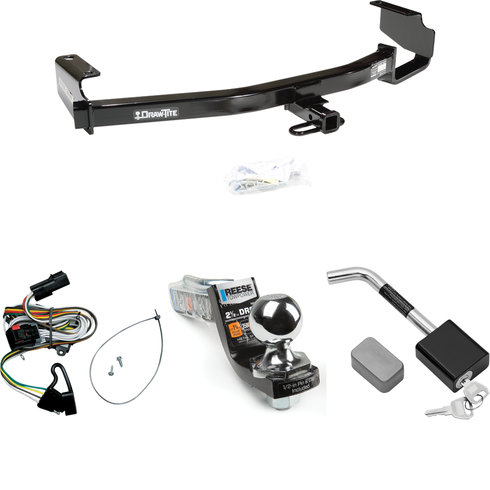 Fits 2001-2003 Dodge Caravan Trailer Hitch Tow PKG w/ 4-Flat Wiring Harness + Interlock Starter Kit w/ 2" Ball 2-1/2" Drop 2" Rise + Hitch Lock By Draw-Tite