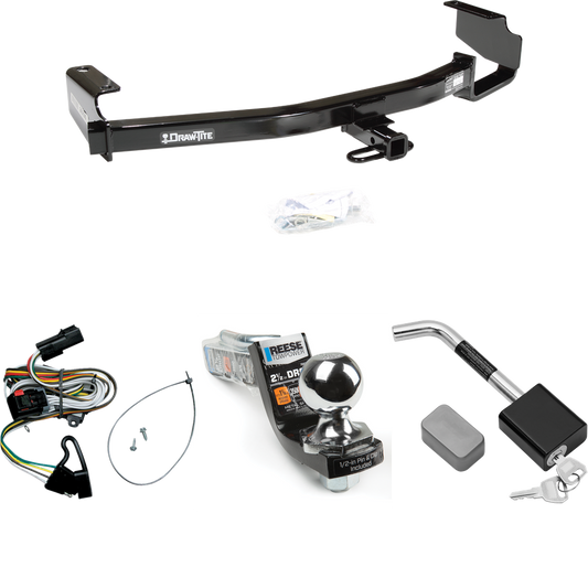 Fits 2001-2003 Dodge Caravan Trailer Hitch Tow PKG w/ 4-Flat Wiring Harness + Interlock Starter Kit w/ 2" Ball 2-1/2" Drop 2" Rise + Hitch Lock By Draw-Tite