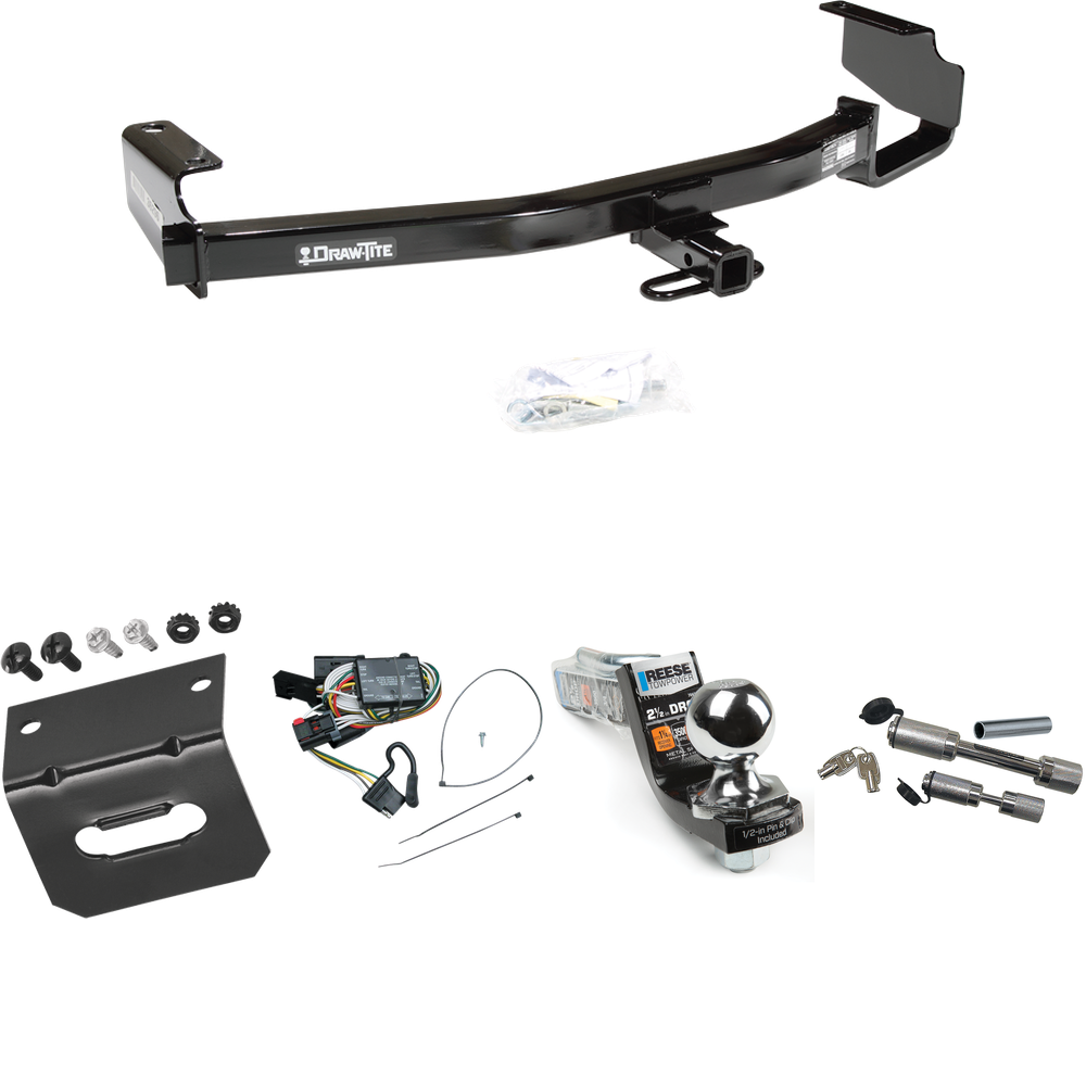 Fits 1996-2000 Plymouth Grand Voyager Trailer Hitch Tow PKG w/ 4-Flat Wiring Harness + Interlock Starter Kit w/ 2" Ball 2-1/2" Drop 2" Rise + Wiring Bracket + Dual Hitch & Coupler Locks By Draw-Tite