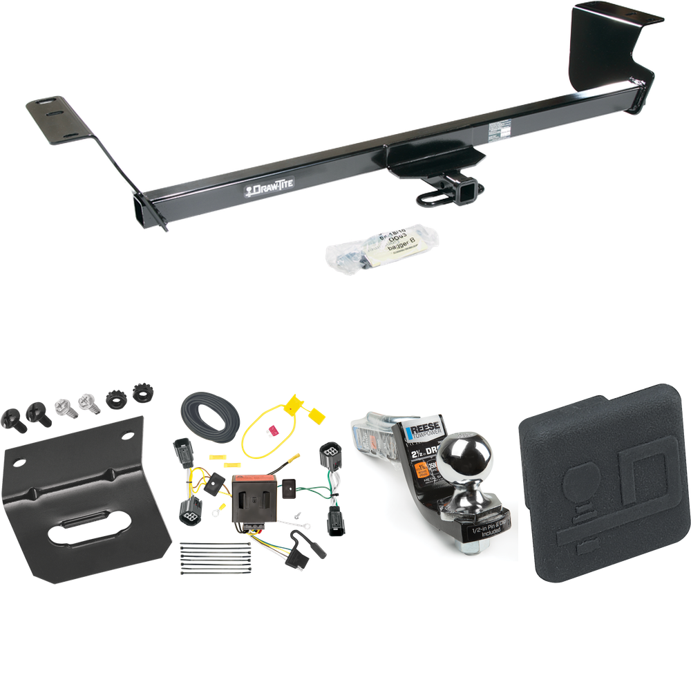 Fits 2011-2020 Dodge Grand Caravan Trailer Hitch Tow PKG w/ 4-Flat Wiring Harness + Interlock Starter Kit w/ 2" Ball 2-1/2" Drop 2" Rise + Wiring Bracket + Hitch Cover By Draw-Tite