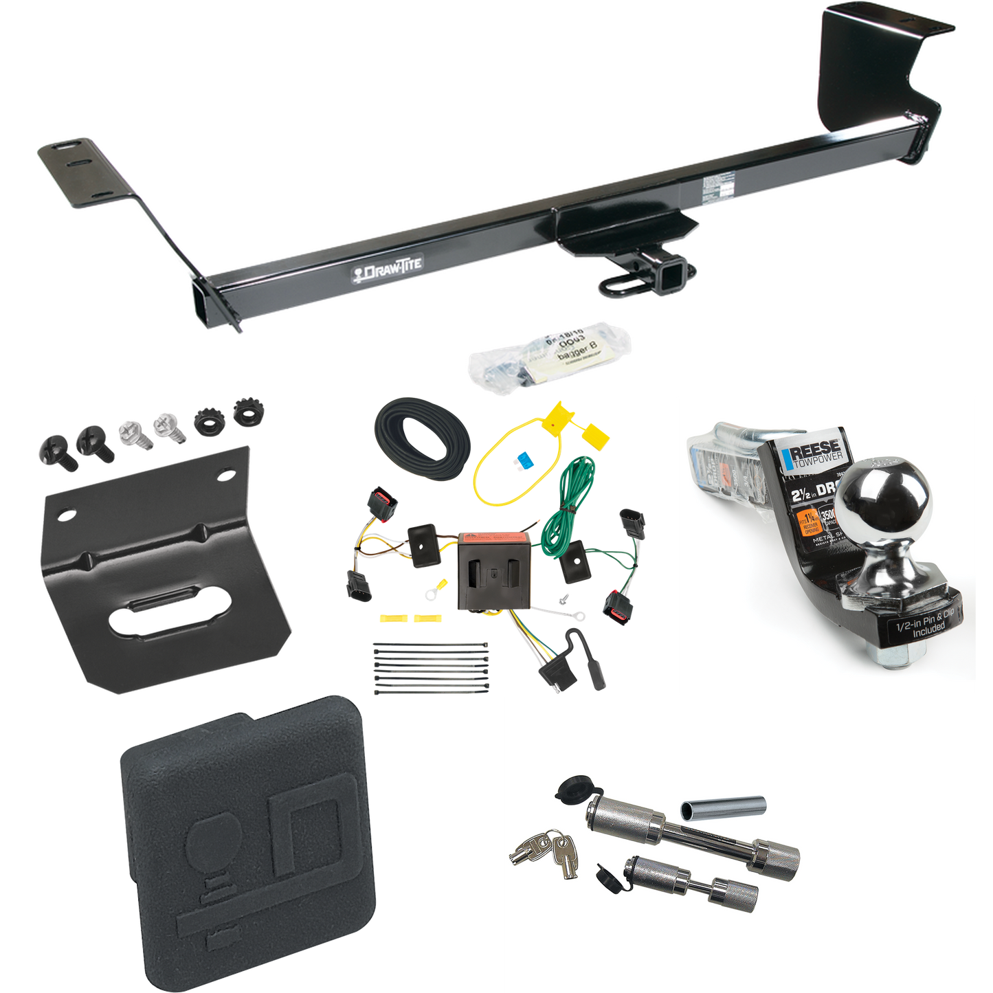 Fits 2008-2010 Chrysler Town & Country Trailer Hitch Tow PKG w/ 4-Flat Wiring Harness + Interlock Starter Kit w/ 2" Ball 2-1/2" Drop 2" Rise + Wiring Bracket + Hitch Cover + Dual Hitch & Coupler Locks By Draw-Tite