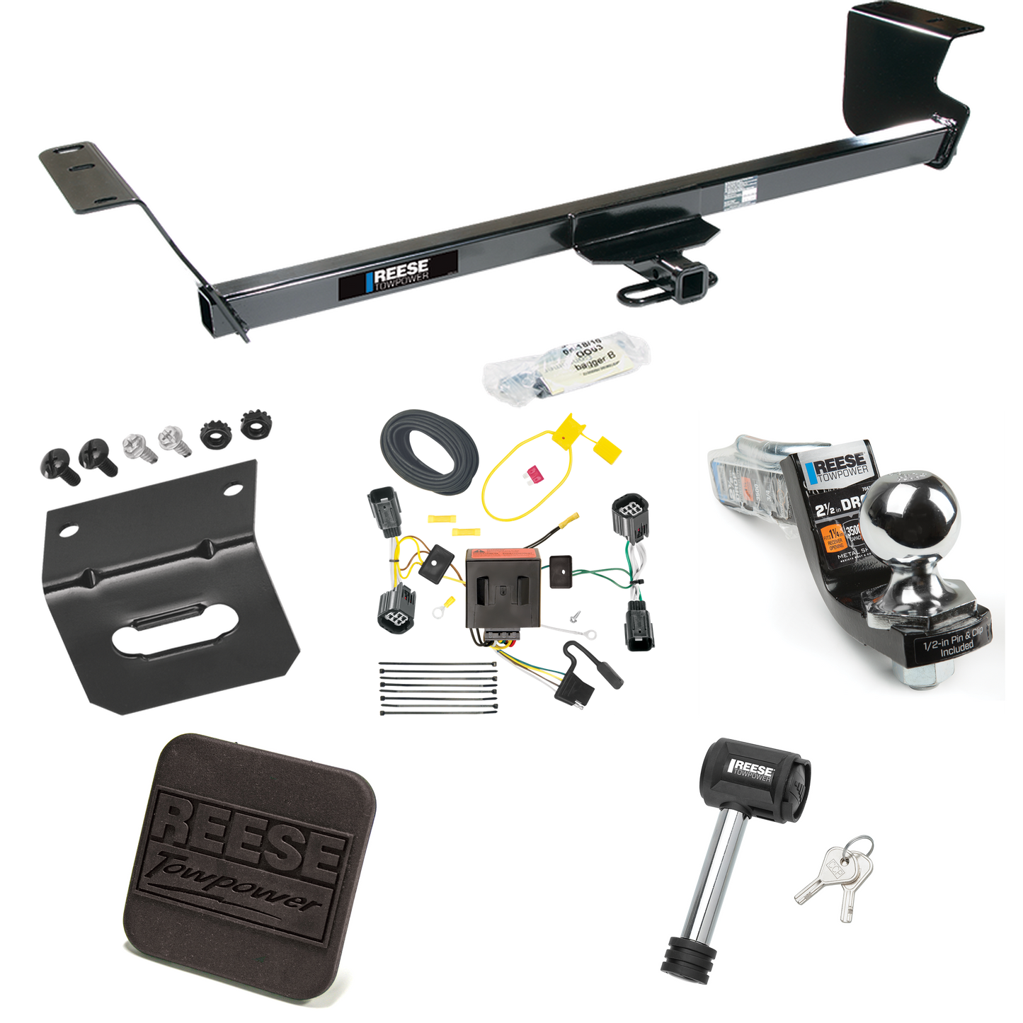 Fits 2011-2020 Dodge Grand Caravan Trailer Hitch Tow PKG w/ 4-Flat Wiring Harness + Interlock Starter Kit w/ 2" Ball 2-1/2" Drop 2" Rise + Wiring Bracket + Hitch Cover + Hitch Lock By Reese Towpower