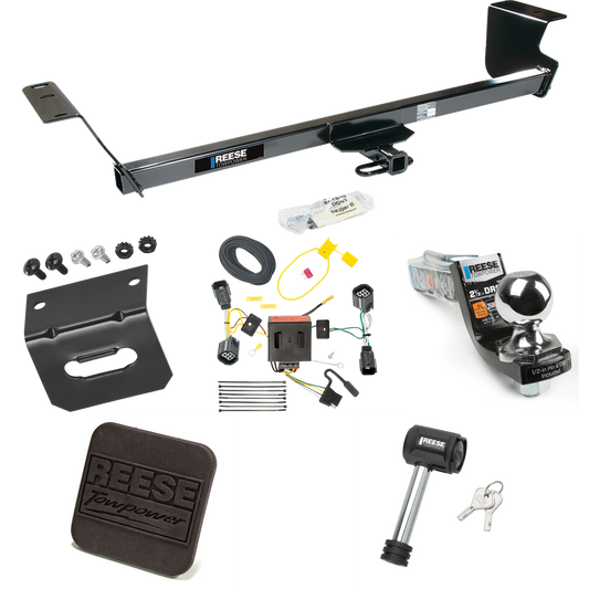 Fits 2011-2020 Dodge Grand Caravan Trailer Hitch Tow PKG w/ 4-Flat Wiring Harness + Interlock Starter Kit w/ 2" Ball 2-1/2" Drop 2" Rise + Wiring Bracket + Hitch Cover + Hitch Lock By Reese Towpower