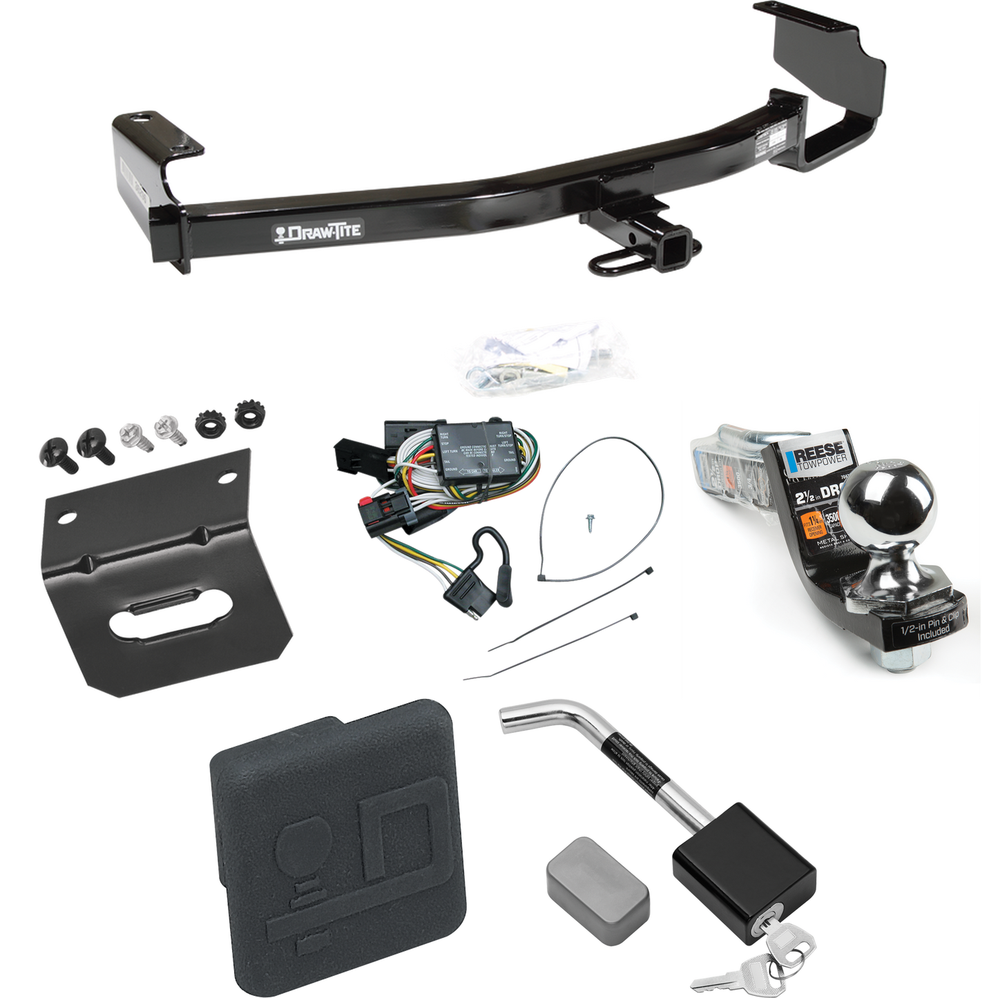 Fits 1996-2000 Dodge Grand Caravan Trailer Hitch Tow PKG w/ 4-Flat Wiring Harness + Interlock Starter Kit w/ 2" Ball 2-1/2" Drop 2" Rise + Wiring Bracket + Hitch Cover + Hitch Lock By Draw-Tite