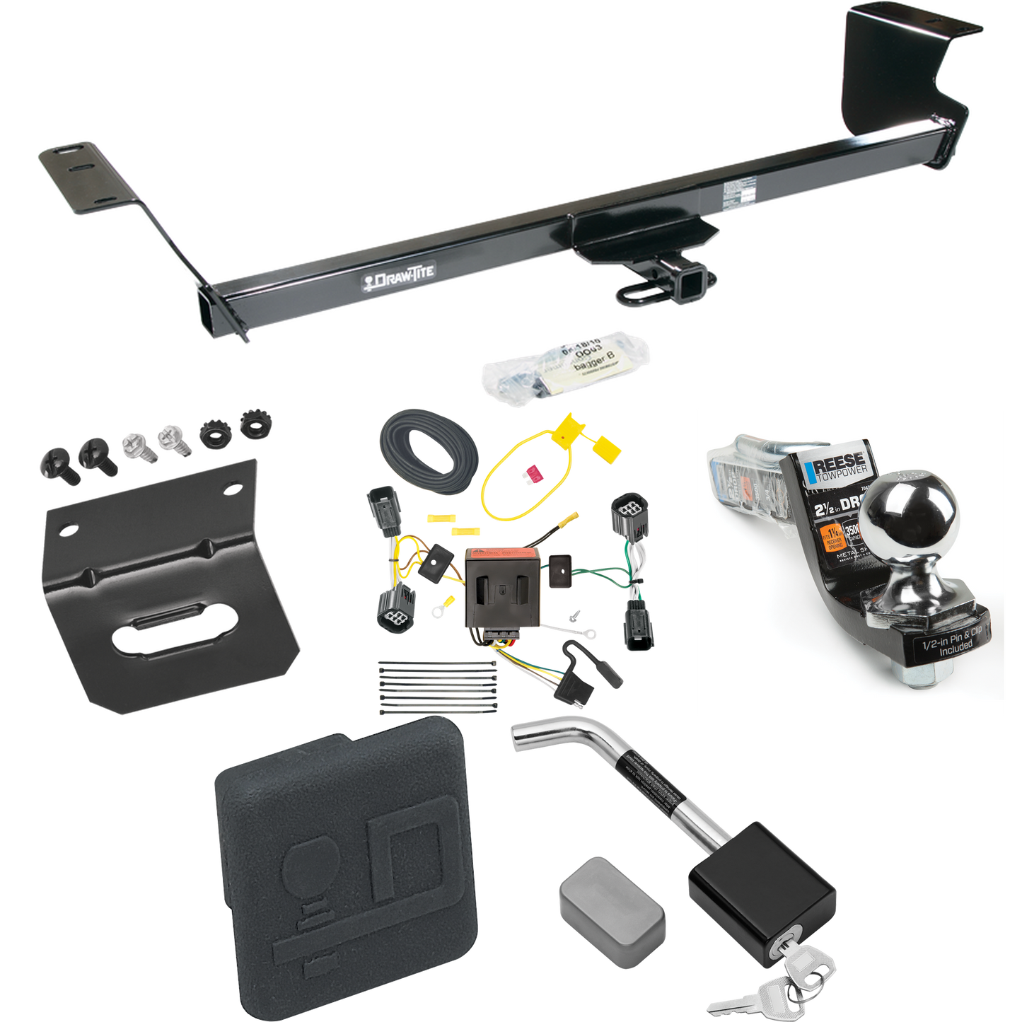 Fits 2011-2016 Chrysler Town & Country Trailer Hitch Tow PKG w/ 4-Flat Wiring Harness + Interlock Starter Kit w/ 2" Ball 2-1/2" Drop 2" Rise + Wiring Bracket + Hitch Cover + Hitch Lock By Draw-Tite