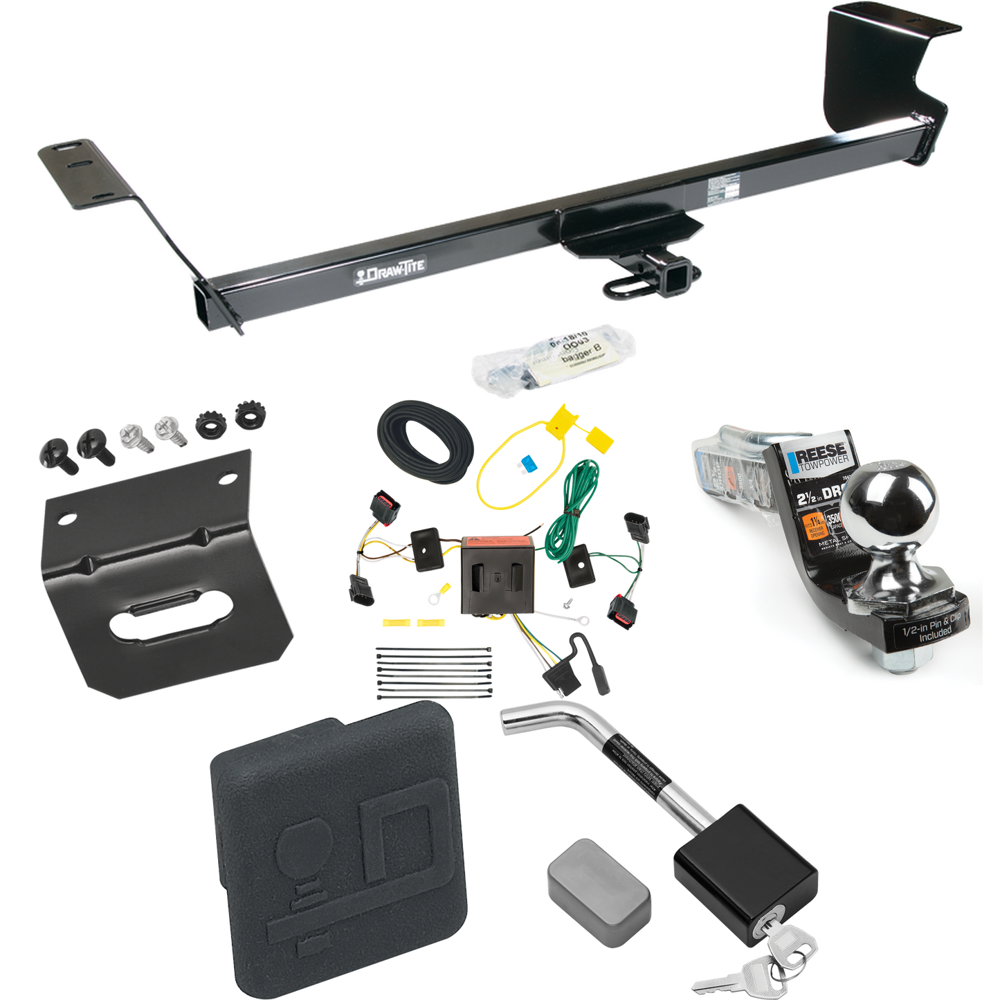 Fits 2008-2010 Chrysler Town & Country Trailer Hitch Tow PKG w/ 4-Flat Wiring Harness + Interlock Starter Kit w/ 2" Ball 2-1/2" Drop 2" Rise + Wiring Bracket + Hitch Cover + Hitch Lock By Draw-Tite