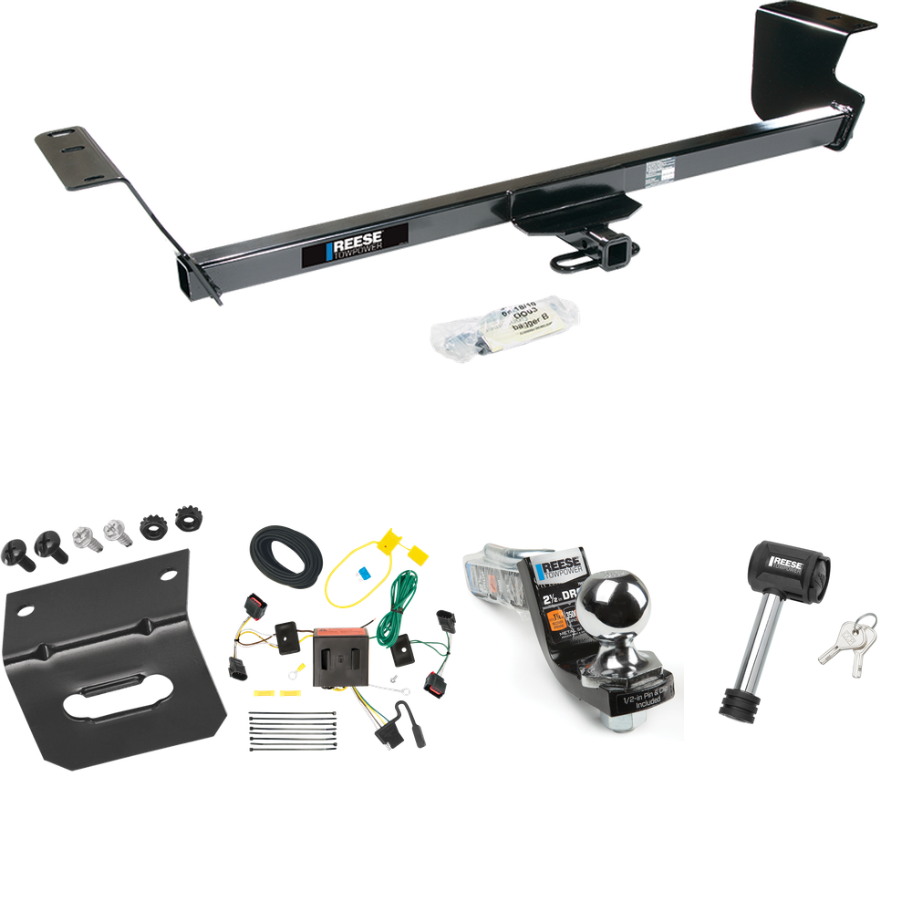 Fits 2008-2010 Dodge Grand Caravan Trailer Hitch Tow PKG w/ 4-Flat Wiring Harness + Interlock Starter Kit w/ 2" Ball 2-1/2" Drop 2" Rise + Wiring Bracket + Hitch Lock By Reese Towpower