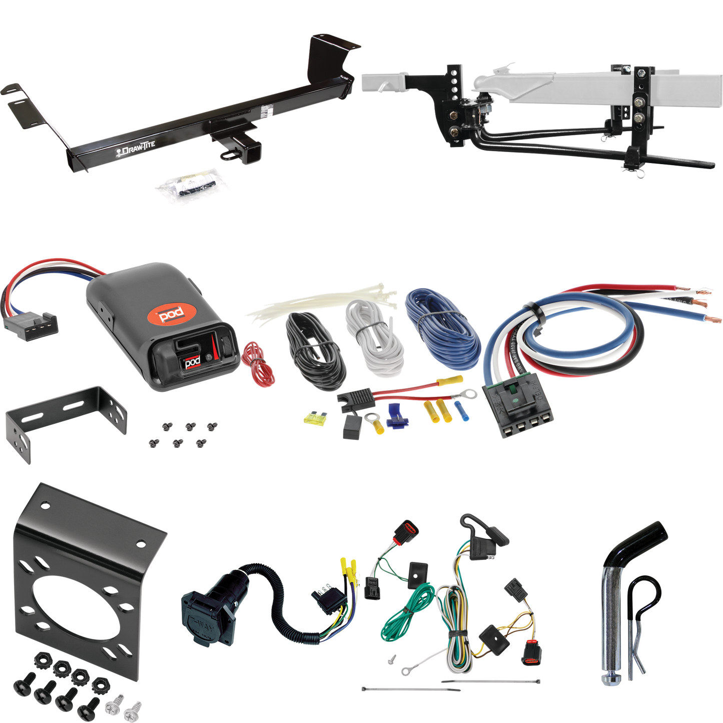 Fits 2009-2012 Volkswagen Routan Trailer Hitch Tow PKG w/ 6K Round Bar Weight Distribution Hitch w/ 2-5/16" Ball + Pin/Clip + Pro Series POD Brake Control + Generic BC Wiring Adapter + 7-Way RV Wiring By Draw-Tite