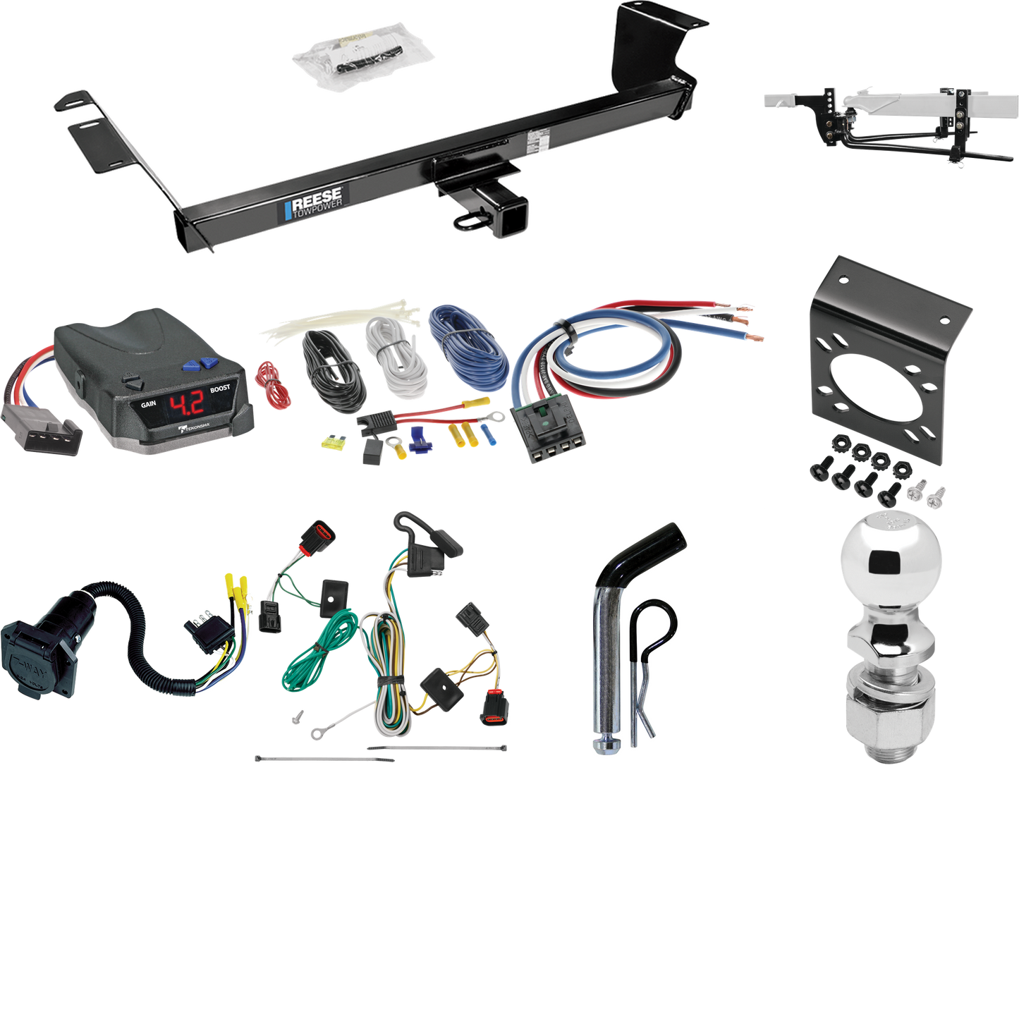 Fits 2009-2012 Volkswagen Routan Trailer Hitch Tow PKG w/ 6K Round Bar Weight Distribution Hitch w/ 2-5/16" Ball + 2" Ball + Pin/Clip + Tekonsha BRAKE-EVN Brake Control + Generic BC Wiring Adapter + 7-Way RV Wiring By Reese Towpower