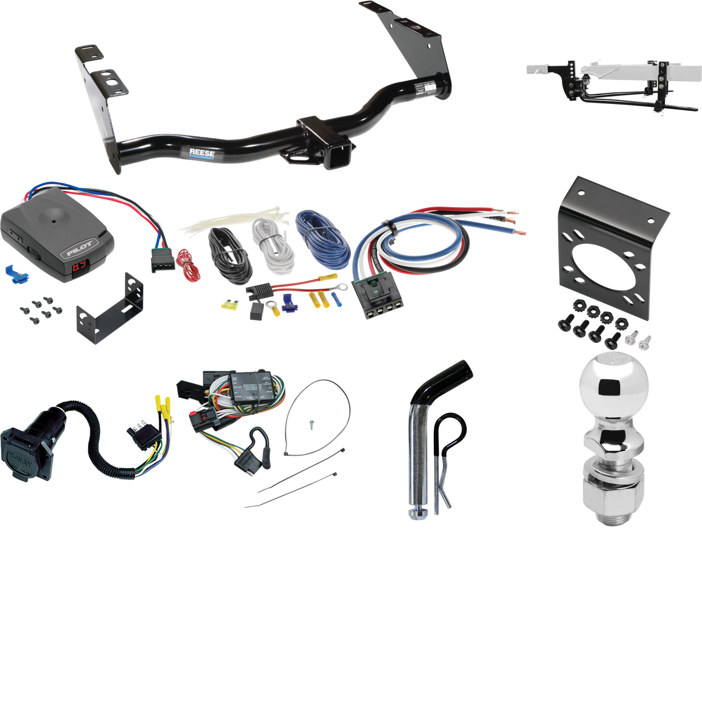 Fits 1996-2000 Plymouth Grand Voyager Trailer Hitch Tow PKG w/ 6K Round Bar Weight Distribution Hitch w/ 2-5/16" Ball + 2" Ball + Pin/Clip + Pro Series Pilot Brake Control + Generic BC Wiring Adapter + 7-Way RV Wiring By Reese Towpower