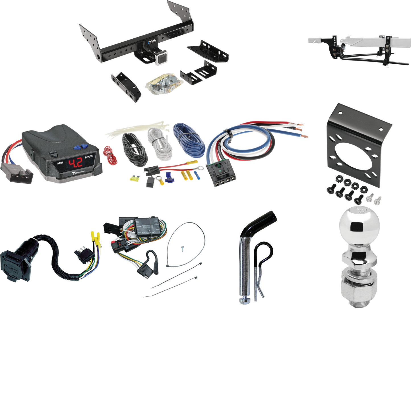 Fits 1996-2000 Plymouth Voyager Trailer Hitch Tow PKG w/ 6K Round Bar Weight Distribution Hitch w/ 2-5/16" Ball + 2" Ball + Pin/Clip + Tekonsha BRAKE-EVN Brake Control + Generic BC Wiring Adapter + 7-Way RV Wiring By Reese Towpower