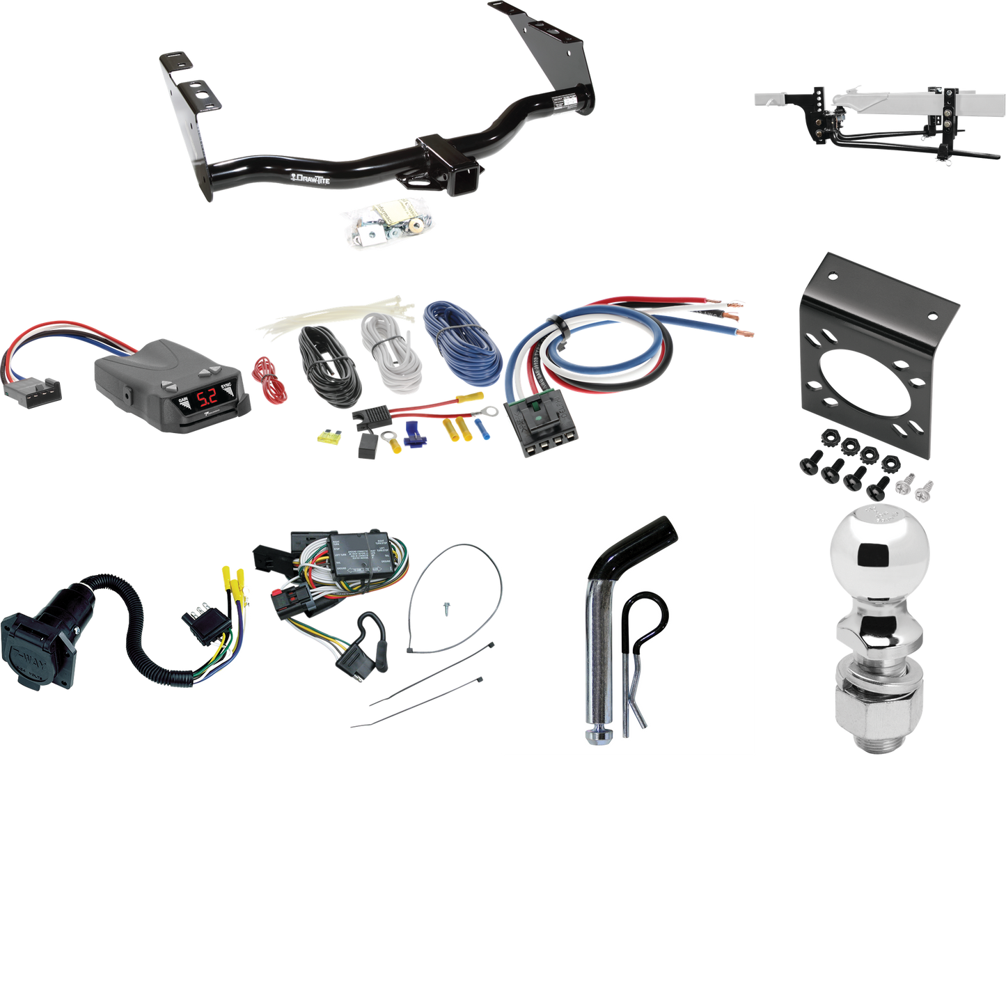 Fits 1996-2000 Plymouth Grand Voyager Trailer Hitch Tow PKG w/ 6K Round Bar Weight Distribution Hitch w/ 2-5/16" Ball + 2" Ball + Pin/Clip + Tekonsha Brakeman IV Brake Control + Generic BC Wiring Adapter + 7-Way RV Wiring By Draw-Tite