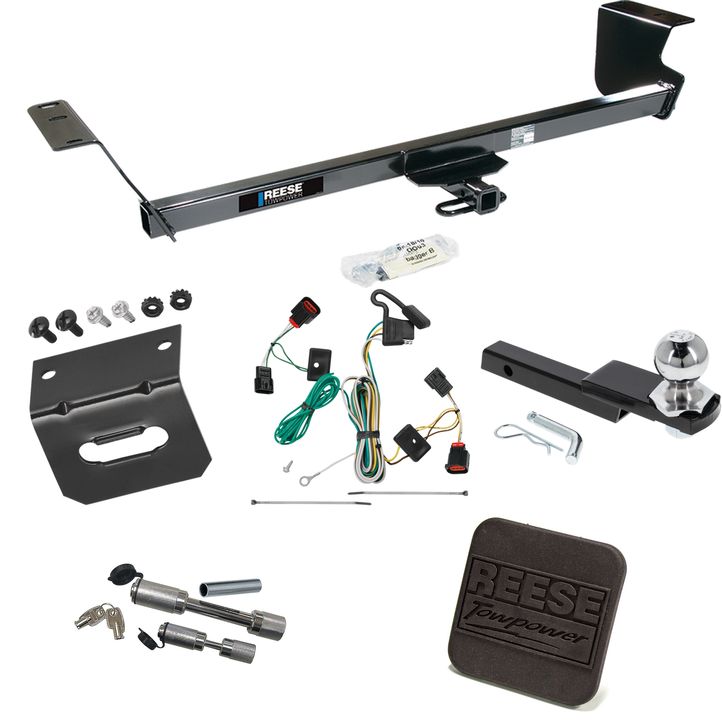 Fits 2009-2012 Volkswagen Routan Trailer Hitch Tow PKG w/ 4-Flat Wiring Harness + Interlock Starter Kit w/ 2" Ball 1-1/4" Drop 3/4" Rise + Wiring Bracket + Hitch Cover + Dual Hitch & Coupler Locks By Reese Towpower