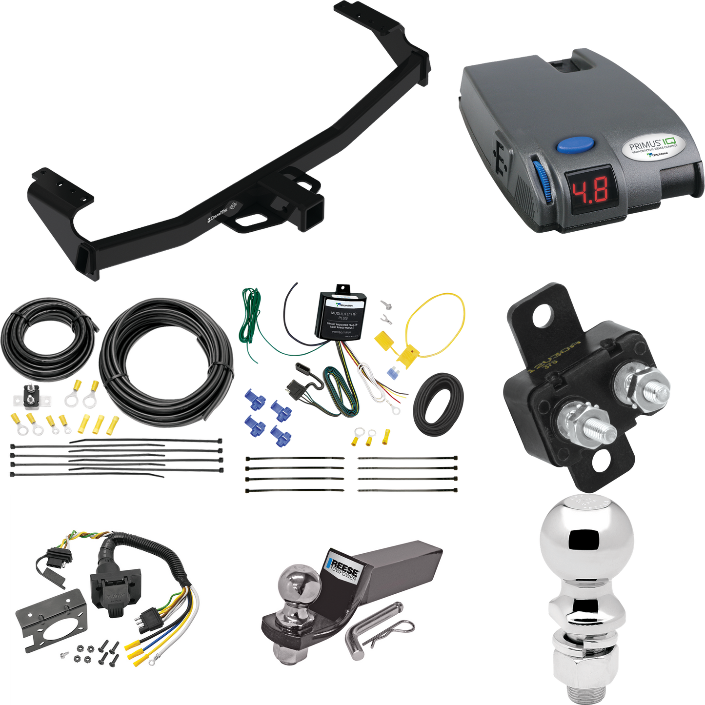 Se adapta al paquete de enganche de remolque Mercedes-Benz GLA250 2021-2022 con control de freno Tekonsha Primus IQ + cableado RV de 7 vías + soporte de bola y caída de 2" y 2-5/16" de Draw-Tite