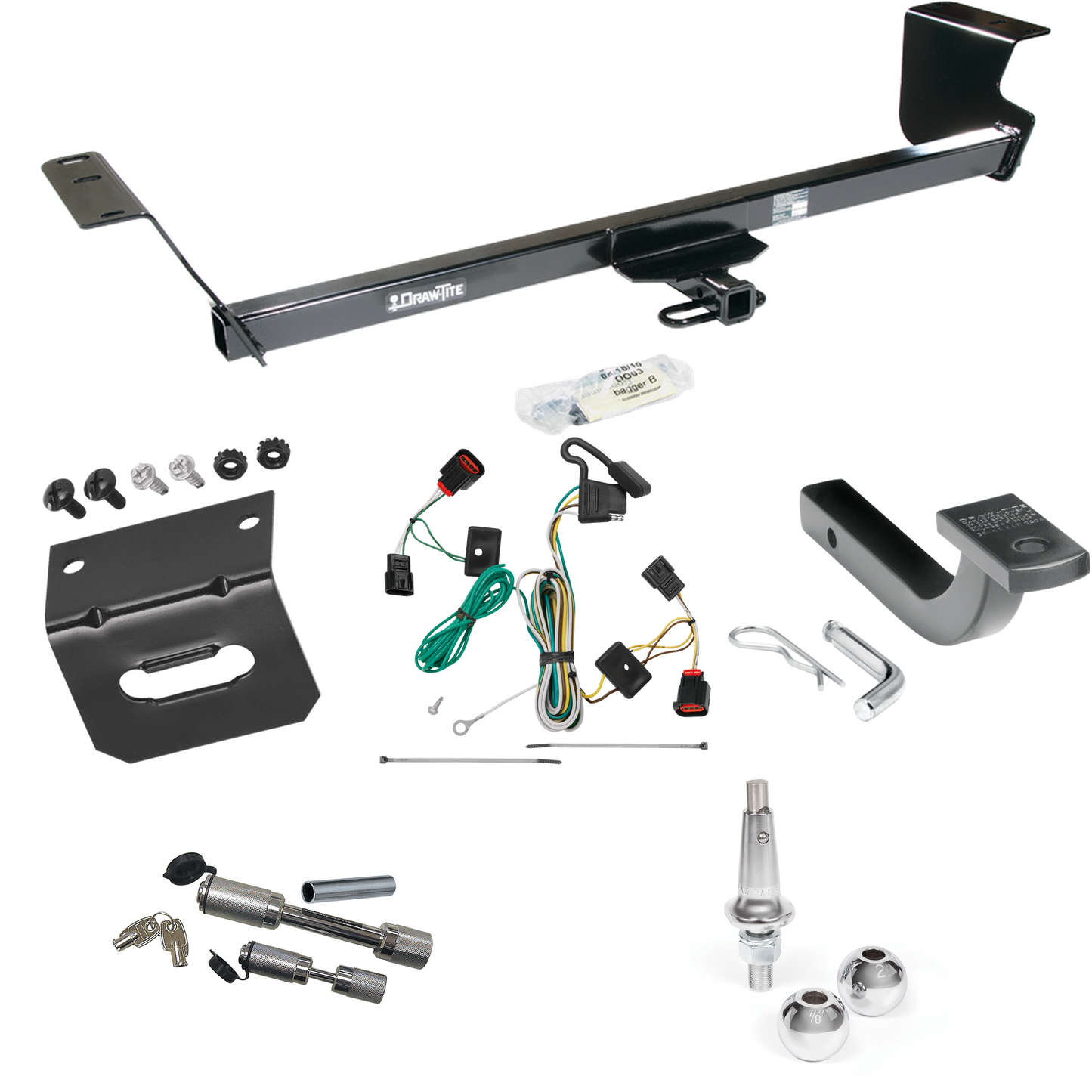 Fits 2009-2012 Volkswagen Routan Trailer Hitch Tow PKG w/ 4-Flat Wiring Harness + Draw-Bar + Interchangeable 1-7/8" & 2" Balls + Wiring Bracket + Dual Hitch & Coupler Locks By Draw-Tite