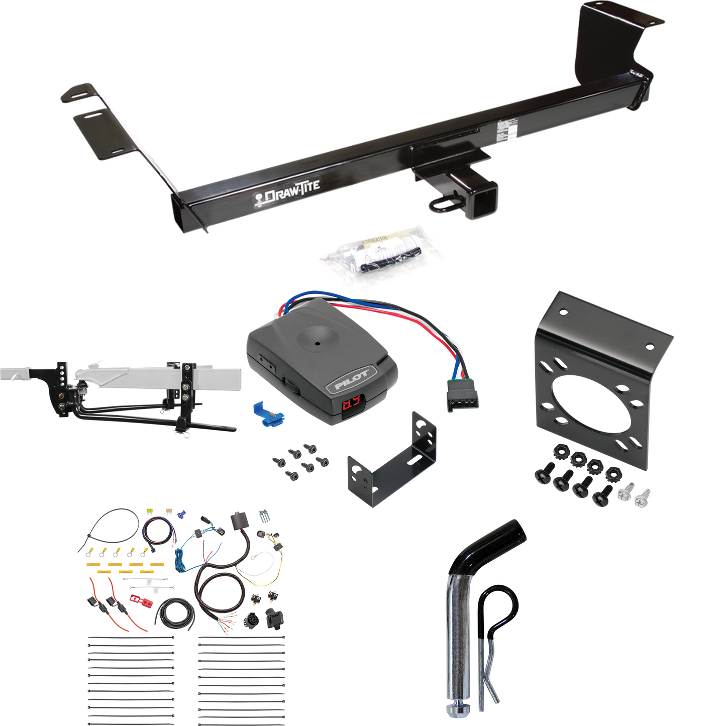 Fits 2011-2020 Dodge Grand Caravan Trailer Hitch Tow PKG w/ 6K Round Bar Weight Distribution Hitch w/ 2-5/16" Ball + Pin/Clip + Pro Series Pilot Brake Control + 7-Way RV Wiring By Draw-Tite