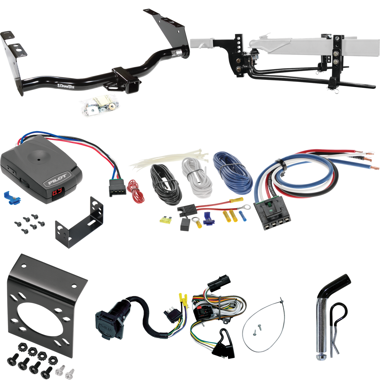 Fits 2001-2003 Chrysler Voyager Trailer Hitch Tow PKG w/ 6K Round Bar Weight Distribution Hitch w/ 2-5/16" Ball + Pin/Clip + Pro Series Pilot Brake Control + Generic BC Wiring Adapter + 7-Way RV Wiring By Draw-Tite