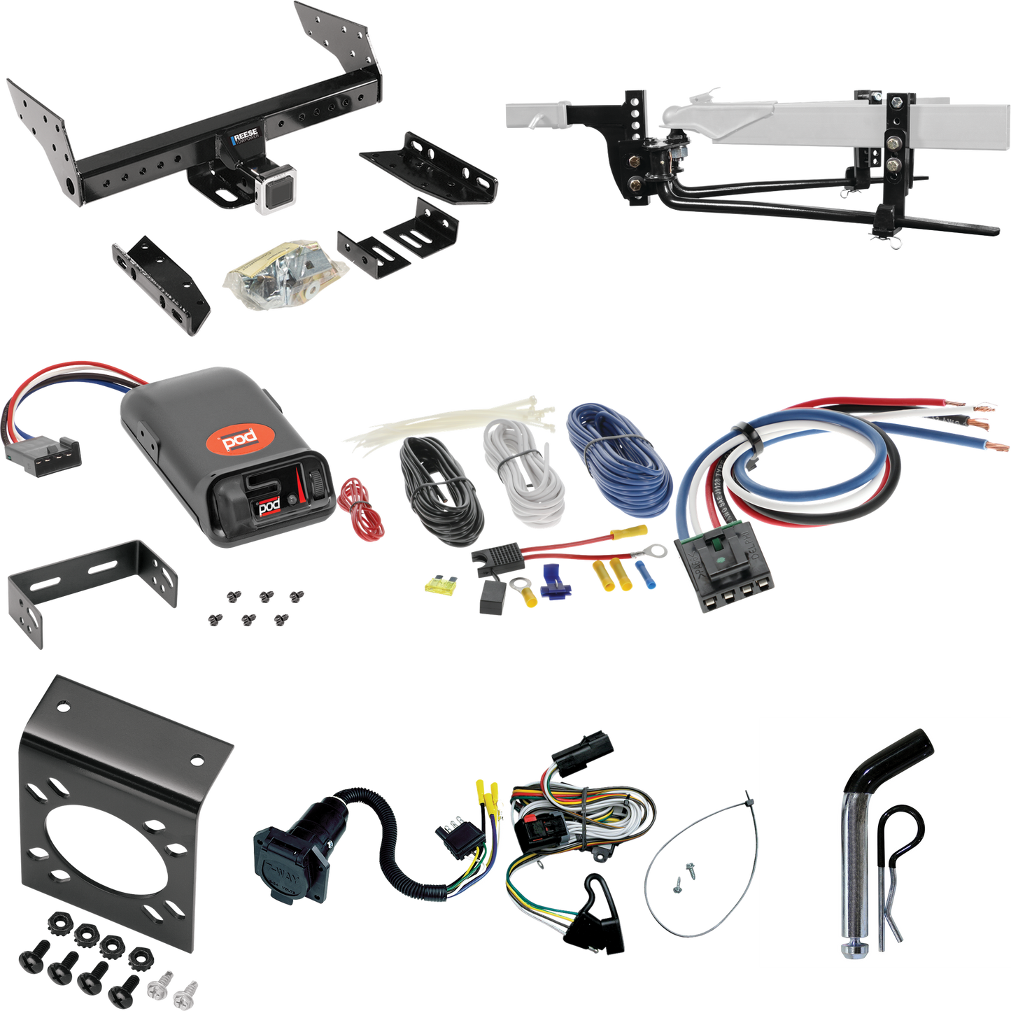 Fits 2001-2003 Dodge Caravan Trailer Hitch Tow PKG w/ 6K Round Bar Weight Distribution Hitch w/ 2-5/16" Ball + Pin/Clip + Pro Series POD Brake Control + Generic BC Wiring Adapter + 7-Way RV Wiring By Reese Towpower