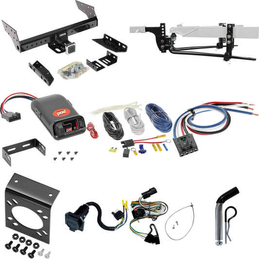 Fits 2001-2003 Dodge Caravan Trailer Hitch Tow PKG w/ 6K Round Bar Weight Distribution Hitch w/ 2-5/16" Ball + Pin/Clip + Pro Series POD Brake Control + Generic BC Wiring Adapter + 7-Way RV Wiring By Reese Towpower