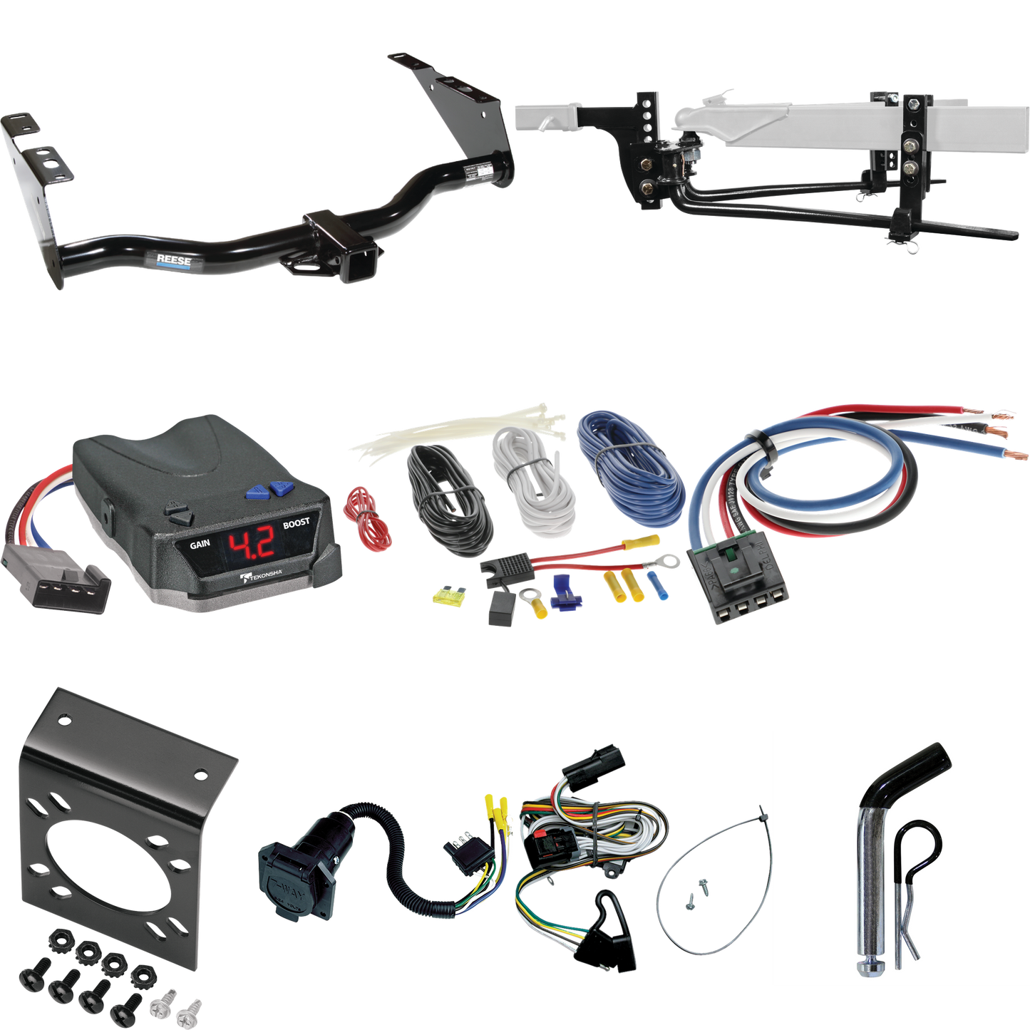 Fits 2001-2003 Chrysler Voyager Trailer Hitch Tow PKG w/ 6K Round Bar Weight Distribution Hitch w/ 2-5/16" Ball + Pin/Clip + Tekonsha BRAKE-EVN Brake Control + Generic BC Wiring Adapter + 7-Way RV Wiring By Reese Towpower