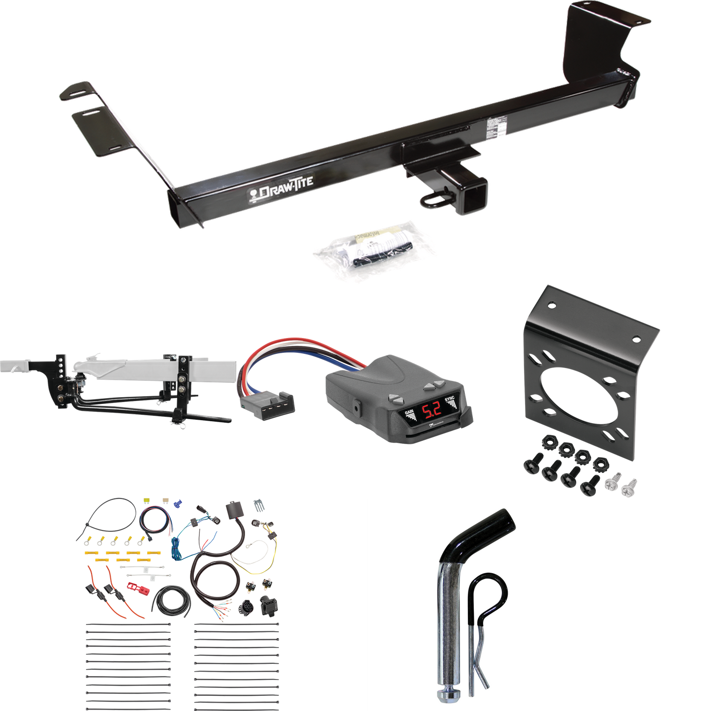 Fits 2011-2020 Dodge Grand Caravan Trailer Hitch Tow PKG w/ 6K Round Bar Weight Distribution Hitch w/ 2-5/16" Ball + Pin/Clip + Tekonsha Brakeman IV Brake Control + 7-Way RV Wiring By Draw-Tite