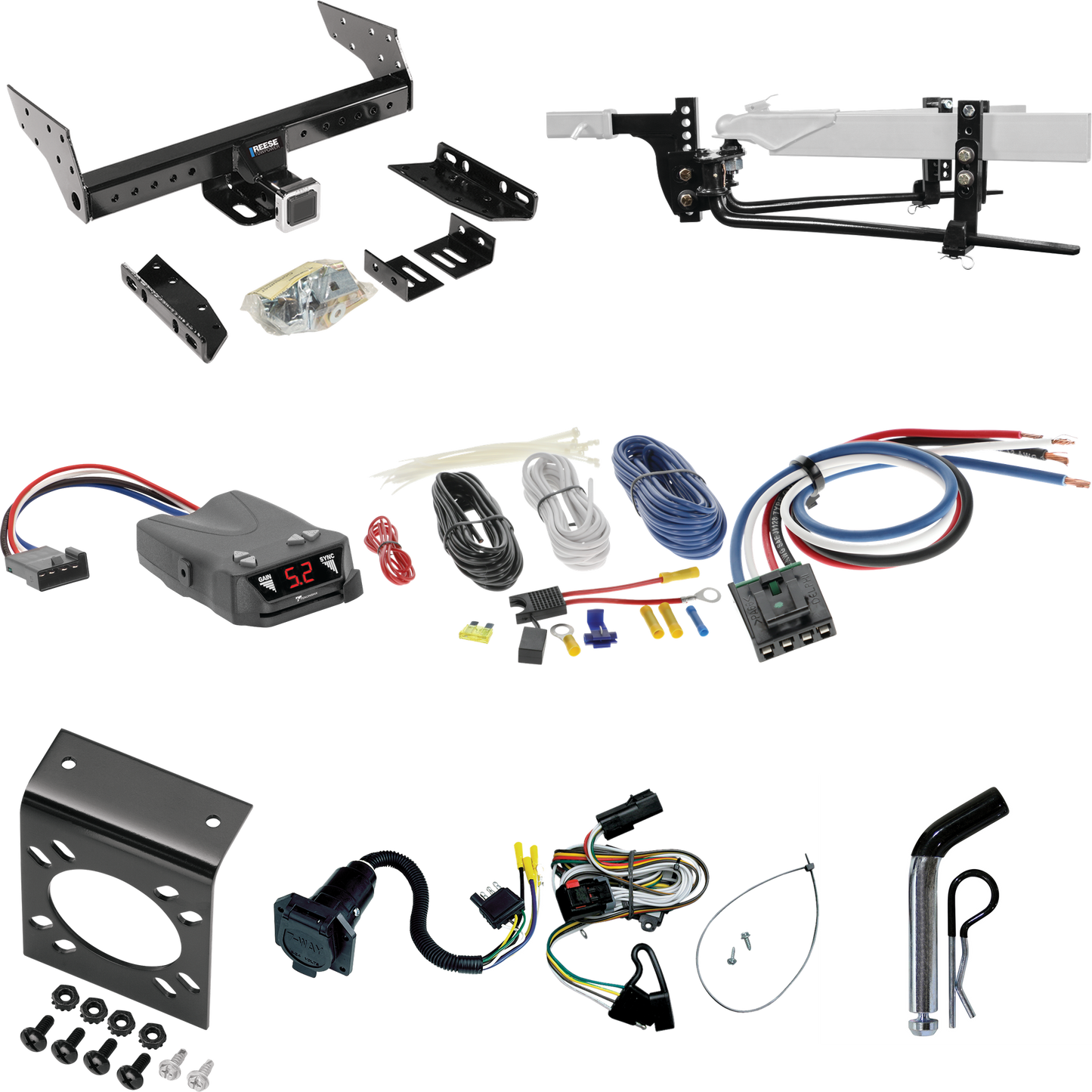 Fits 2001-2003 Chrysler Town & Country Trailer Hitch Tow PKG w/ 6K Round Bar Weight Distribution Hitch w/ 2-5/16" Ball + Pin/Clip + Tekonsha Brakeman IV Brake Control + Generic BC Wiring Adapter + 7-Way RV Wiring By Reese Towpower