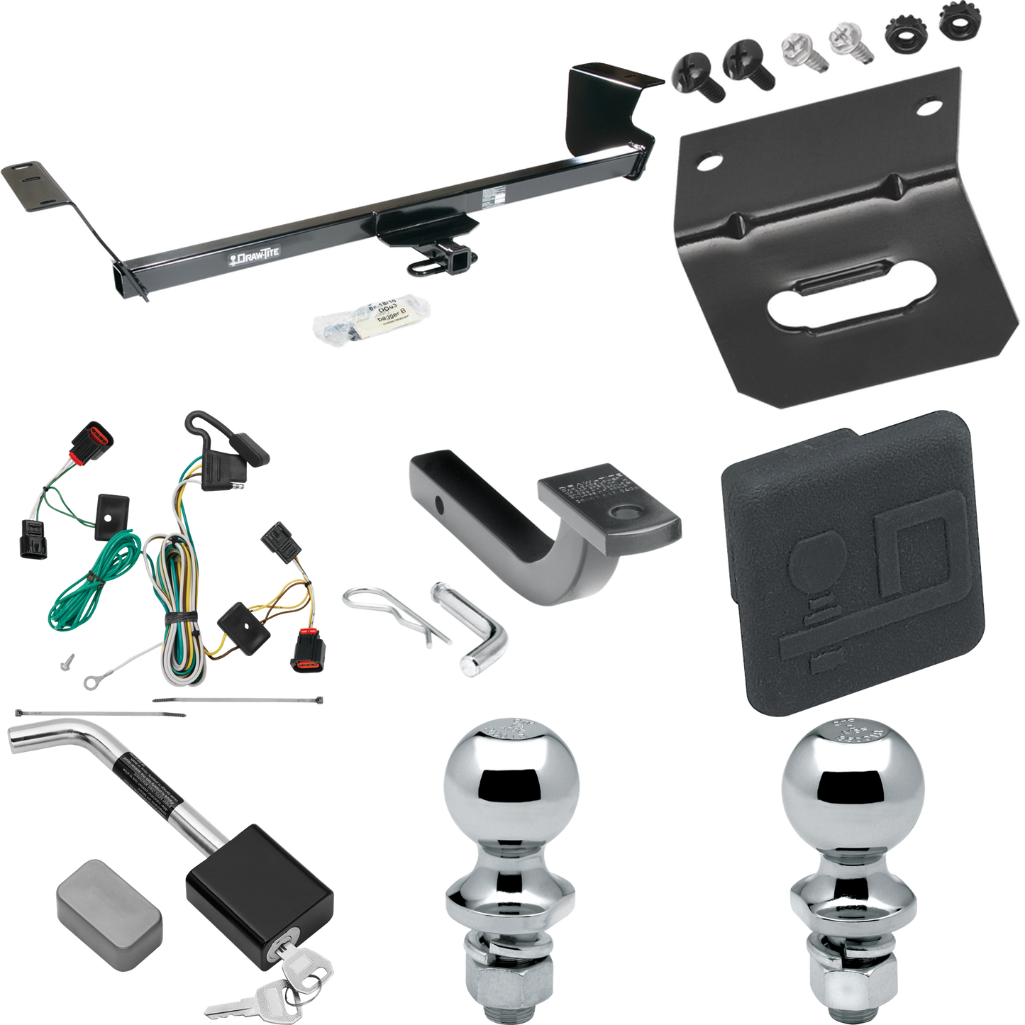 Se adapta al paquete de enganche de remolque Volkswagen Routan 2009-2012 con arnés de cableado plano de 4 + barra de tracción + bola de 1-7/8" + bola de 2" + soporte de cableado + cubierta de enganche + bloqueo de enganche de Draw-Tite