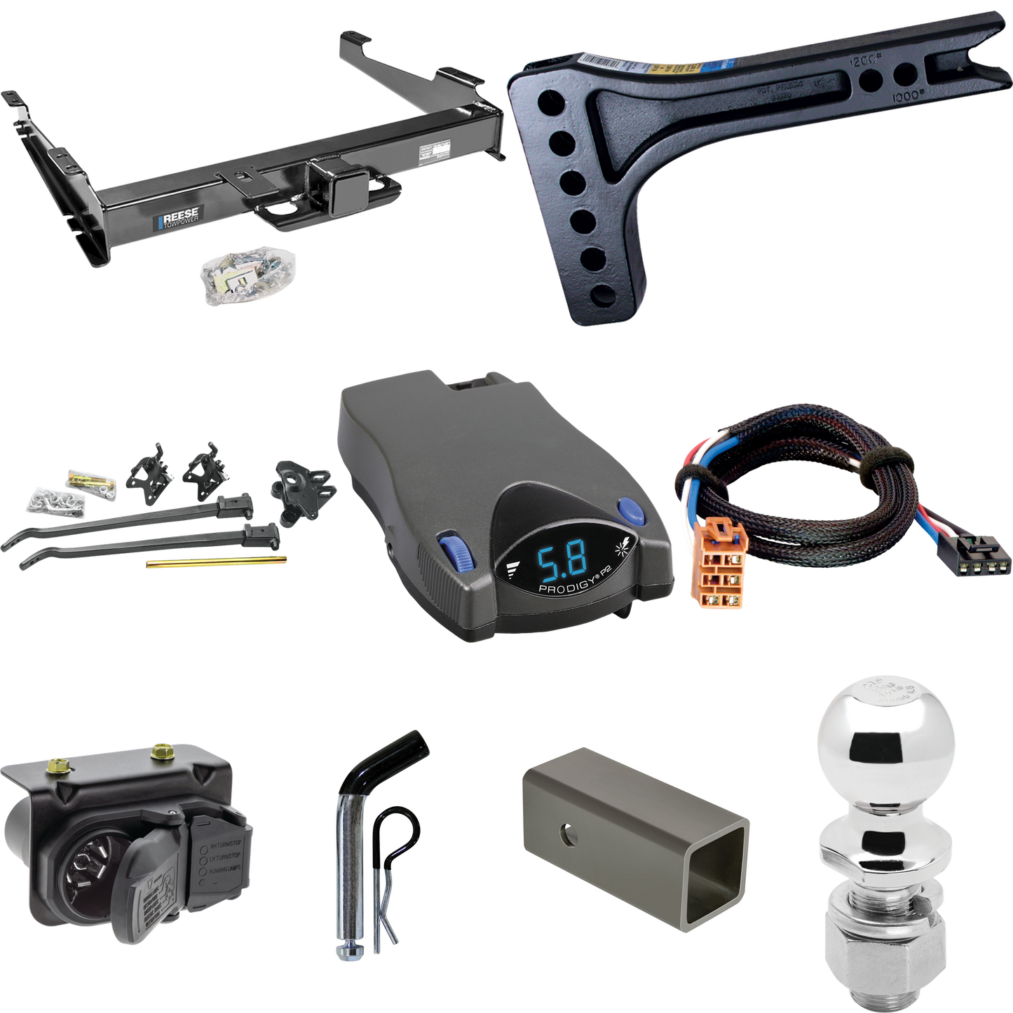 Fits 2003-2006 GMC Yukon XL 2500 Trailer Hitch Tow PKG w/ 15K Trunnion Bar Weight Distribution Hitch + Pin/Clip + 2-5/16" Ball + Tekonsha Prodigy P2 Brake Control + Plug & Play BC Adapter + 7-Way RV Wiring By Reese Towpower