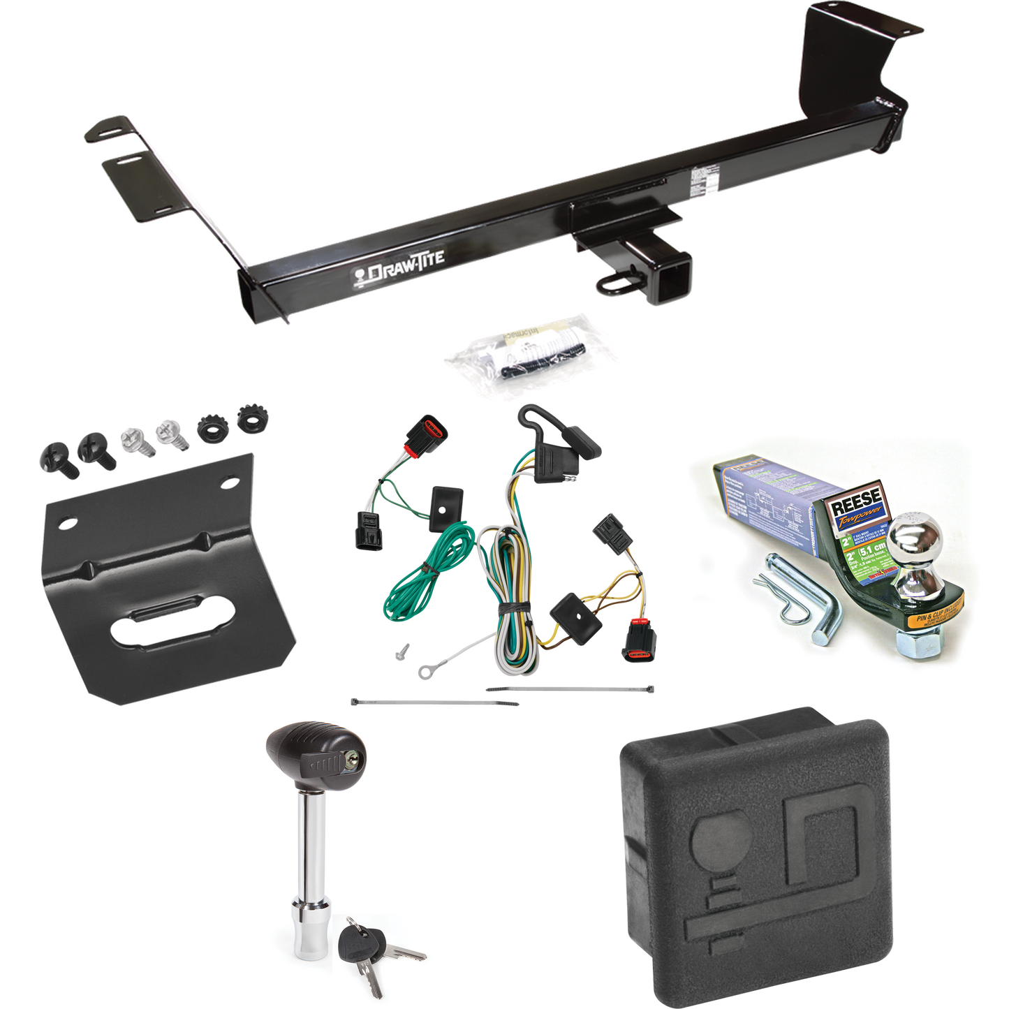 Fits 2009-2012 Volkswagen Routan Trailer Hitch Tow PKG w/ 4-Flat Wiring + Starter Kit Ball Mount w/ 2" Drop & 1-7/8" Ball + Wiring Bracket + Hitch Lock + Hitch Cover By Draw-Tite