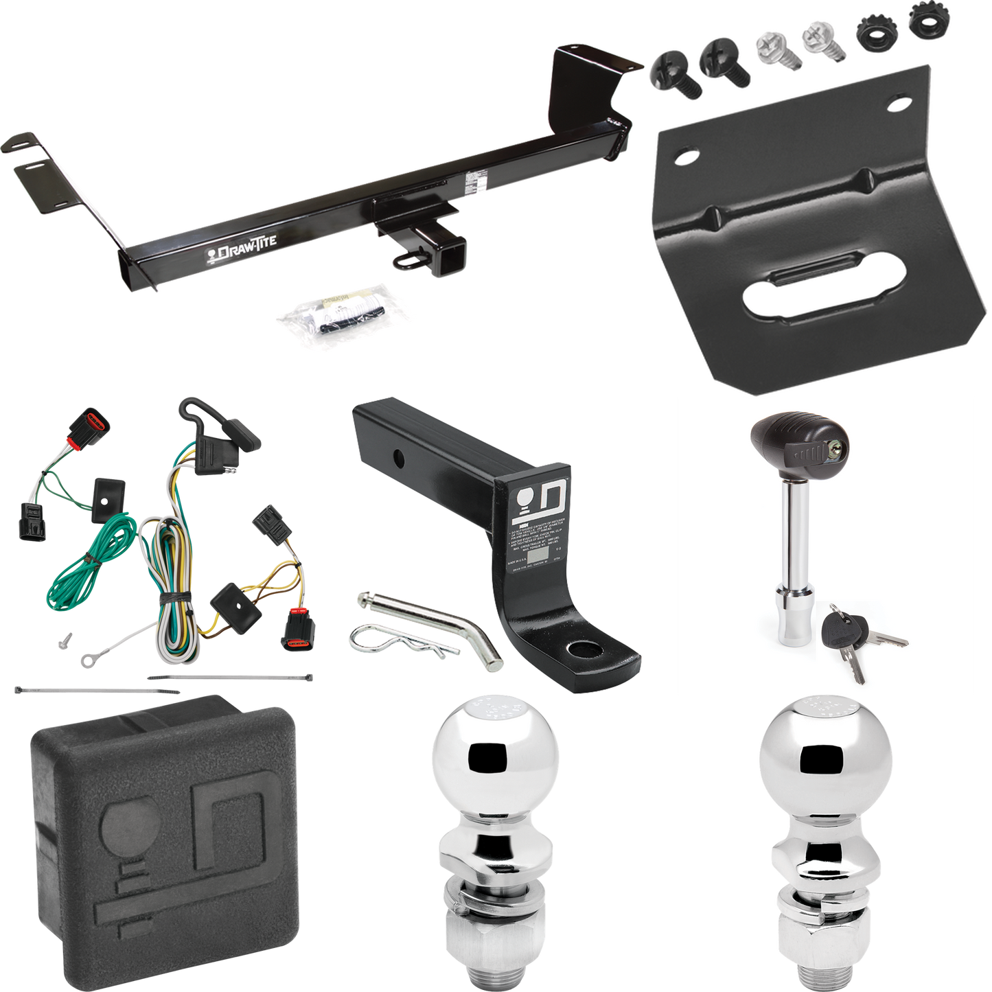 Fits 2009-2012 Volkswagen Routan Trailer Hitch Tow PKG w/ 4-Flat Wiring + Ball Mount w/ 4" Drop + 2" Ball + 2-5/16" Ball + Wiring Bracket + Hitch Lock + Hitch Cover By Draw-Tite