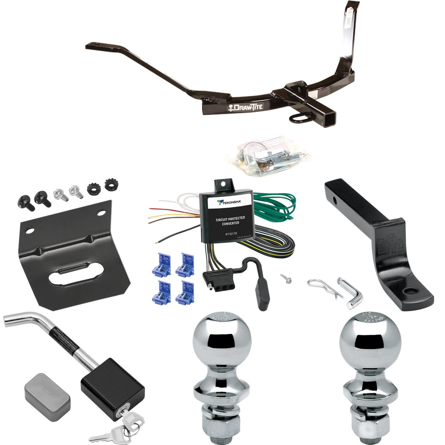 Se adapta al paquete de enganche de remolque Honda Accord 2003-2007 con arnés de cableado plano de 4 + barra de tracción + bola de 1-7/8" + bola de 2" + soporte de cableado + bloqueo de enganche (para modelos Coupé) de Draw-Tite