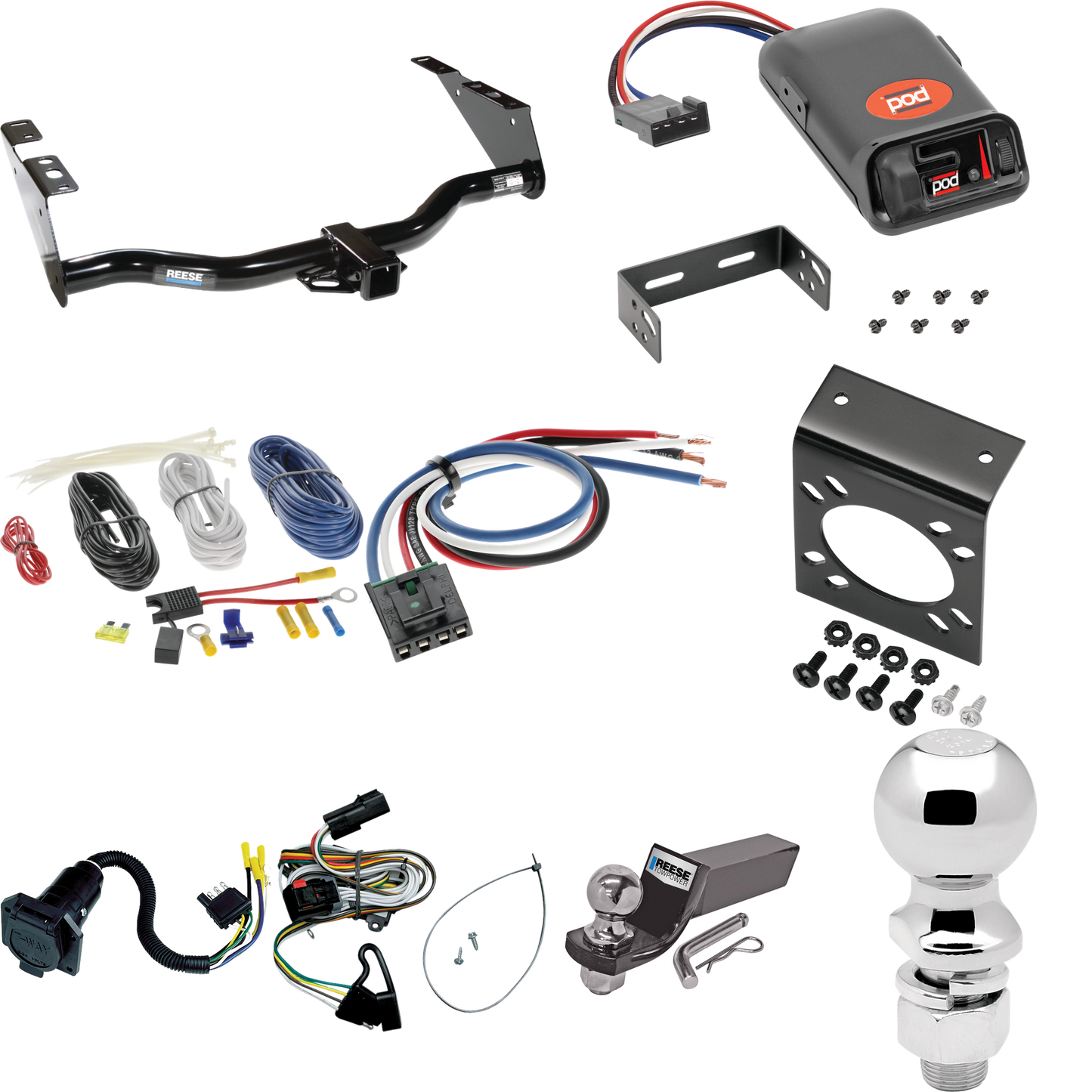 Se adapta al paquete de enganche de remolque Dodge Caravan 2001-2003 con control de freno POD serie Pro + adaptador de cableado BC genérico + cableado RV de 7 vías + soporte de bola y caída de 2" y 2-5/16" de Reese Towpower