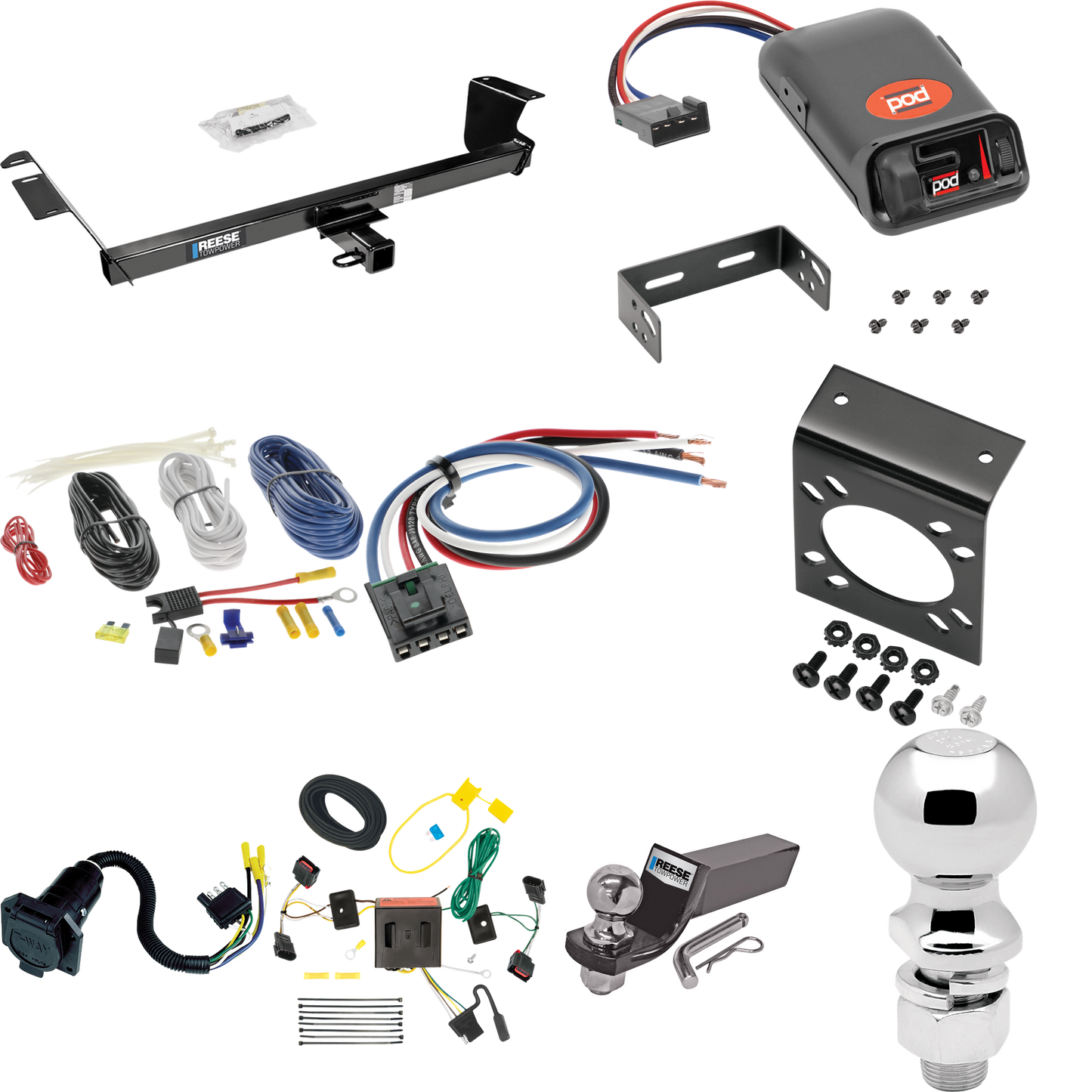 Fits 2008-2010 Chrysler Town & Country Trailer Hitch Tow PKG w/ Pro Series POD Brake Control + Generic BC Wiring Adapter + 7-Way RV Wiring + 2" & 2-5/16" Ball & Drop Mount By Reese Towpower