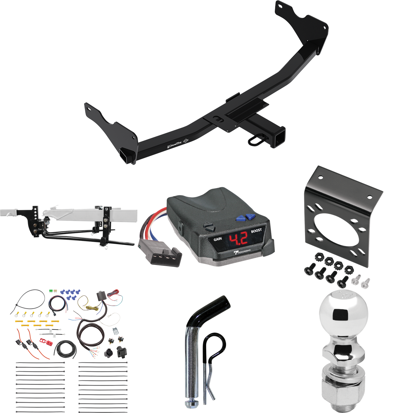 Fits 2019-2022 Audi Q3 Trailer Hitch Tow PKG w/ 8K Round Bar Weight Distribution Hitch w/ 2-5/16" Ball + 2" Ball + Pin/Clip + Tekonsha BRAKE-EVN Brake Control + 7-Way RV Wiring (Excludes: w/Hands-Free Liftgate Sensor Models) By Draw-Tite