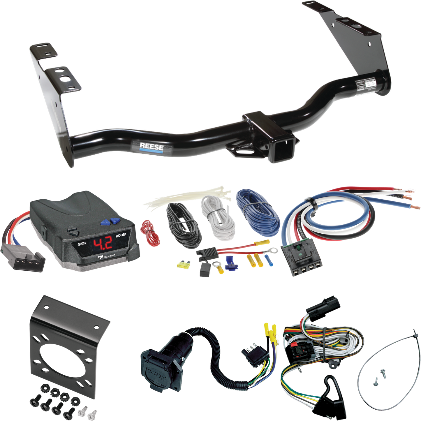 Se adapta al paquete de enganche de remolque Chrysler Voyager 2001-2003 con control de freno Tekonsha BRAKE-EVN + adaptador de cableado BC genérico + cableado RV de 7 vías de Reese Towpower