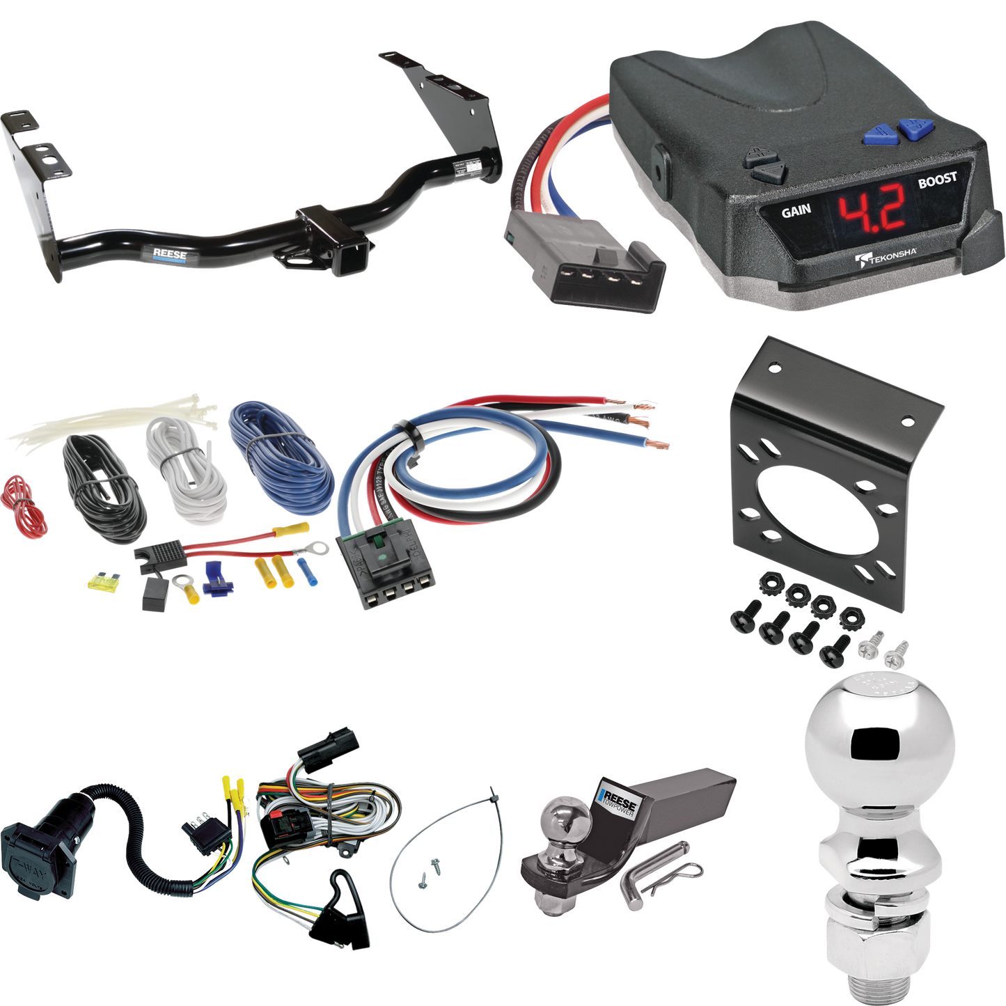 Se adapta al paquete de enganche de remolque Dodge Grand Caravan 2001-2003 con control de freno Tekonsha BRAKE-EVN + adaptador de cableado BC genérico + cableado RV de 7 vías + soporte de bola y caída de 2" y 2-5/16" de Reese Towpower