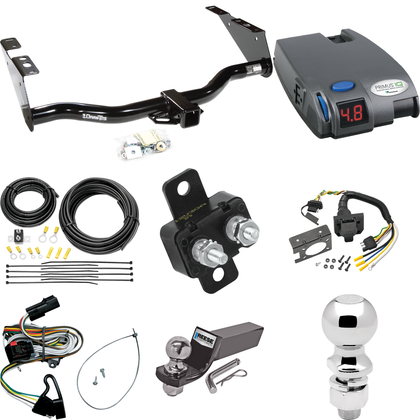 Se adapta al paquete de enganche de remolque Dodge Grand Caravan 2001-2003 con control de freno Tekonsha Primus IQ + cableado RV de 7 vías + soporte de bola y caída de 2" y 2-5/16" de Draw-Tite