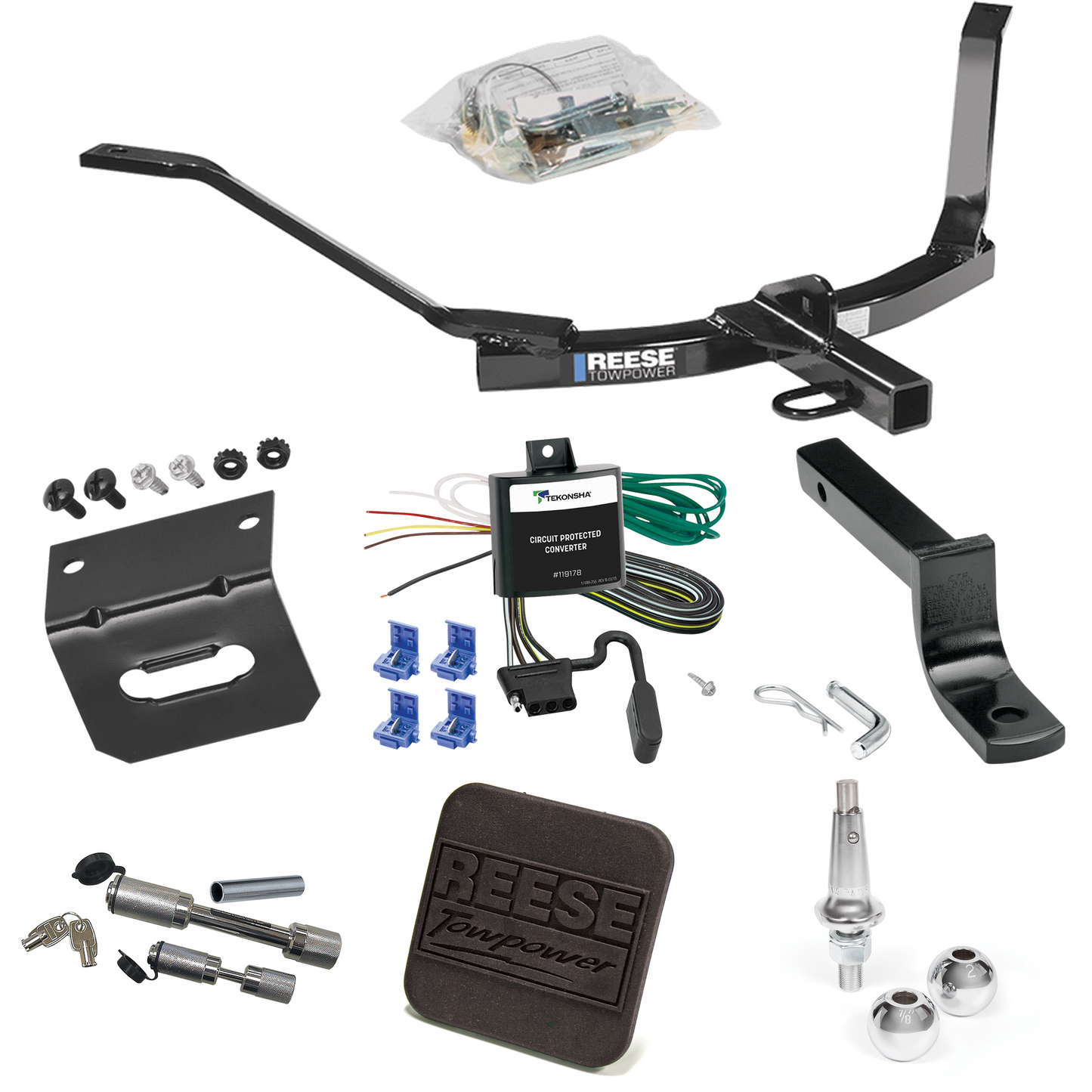 Fits 2003-2007 Honda Accord Trailer Hitch Tow PKG w/ 4-Flat Wiring Harness + Draw-Bar + Interchangeable 1-7/8" & 2" Balls + Wiring Bracket + Hitch Cover + Dual Hitch & Coupler Locks (For Coupe Models) By Reese Towpower