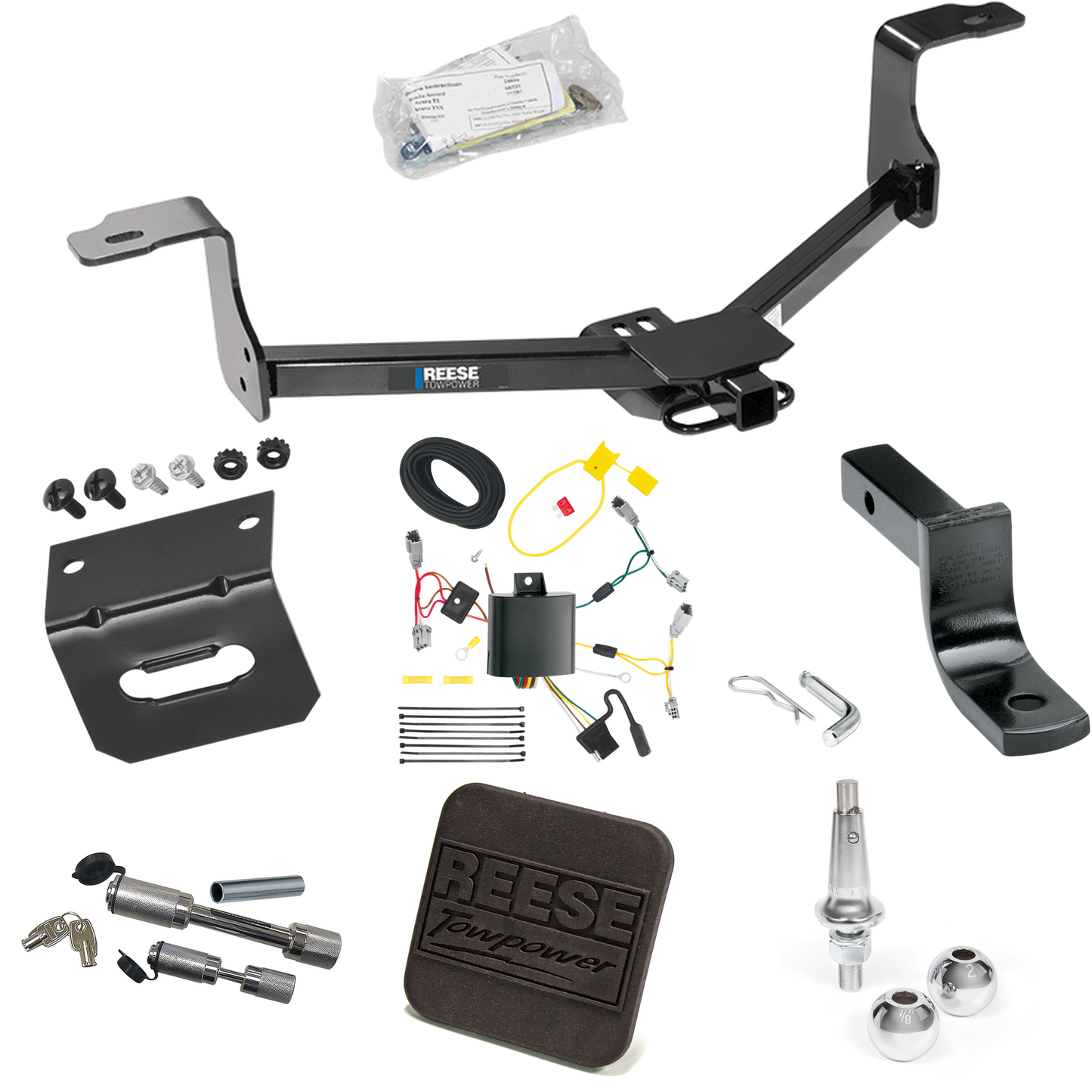 Fits 2013-2015 Honda Accord Trailer Hitch Tow PKG w/ 4-Flat Wiring Harness + Draw-Bar + Interchangeable 1-7/8" & 2" Balls + Wiring Bracket + Hitch Cover + Dual Hitch & Coupler Locks (For Coupe, Except w/LED Taillights Models) By Reese Towpower