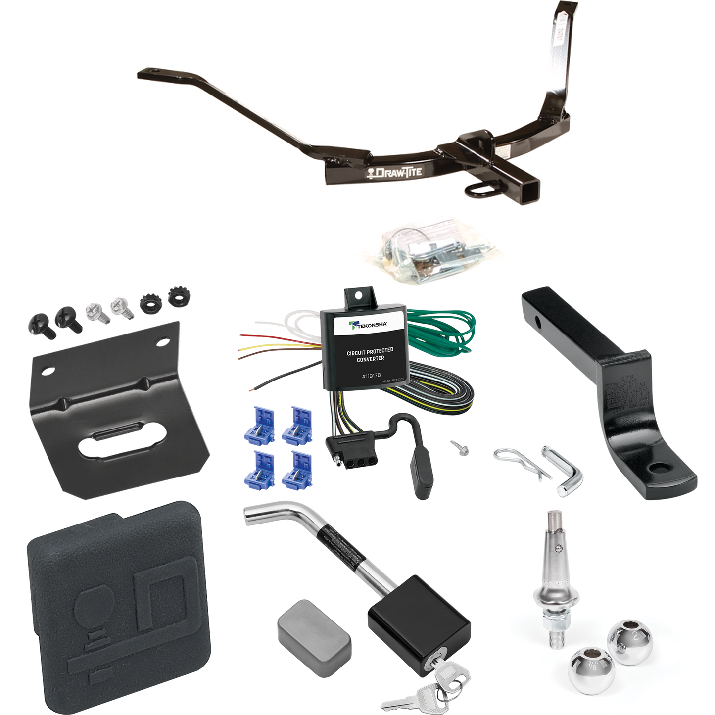 Fits 2003-2007 Honda Accord Trailer Hitch Tow PKG w/ 4-Flat Wiring Harness + Draw-Bar + Interchangeable 1-7/8" & 2" Balls + Wiring Bracket + Hitch Cover + Hitch Lock (For Coupe Models) By Draw-Tite