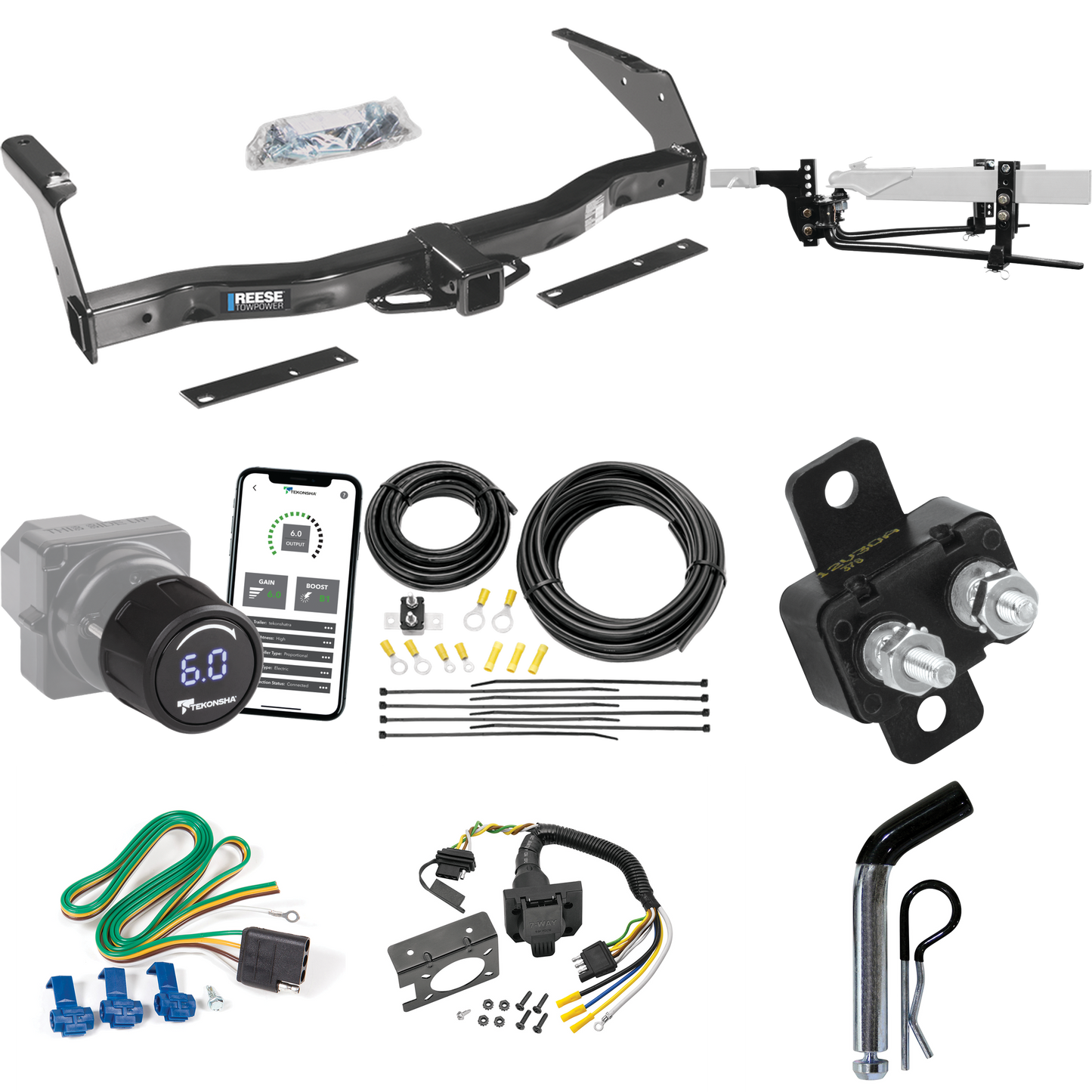 Fits 1999-2000 Dodge Ram 2500 Van Trailer Hitch Tow PKG w/ 11.5K Round Bar Weight Distribution Hitch w/ 2-5/16" Ball + Pin/Clip + Tekonsha Prodigy iD Bluetooth Wireless Brake Control + 7-Way RV Wiring By Reese Towpower