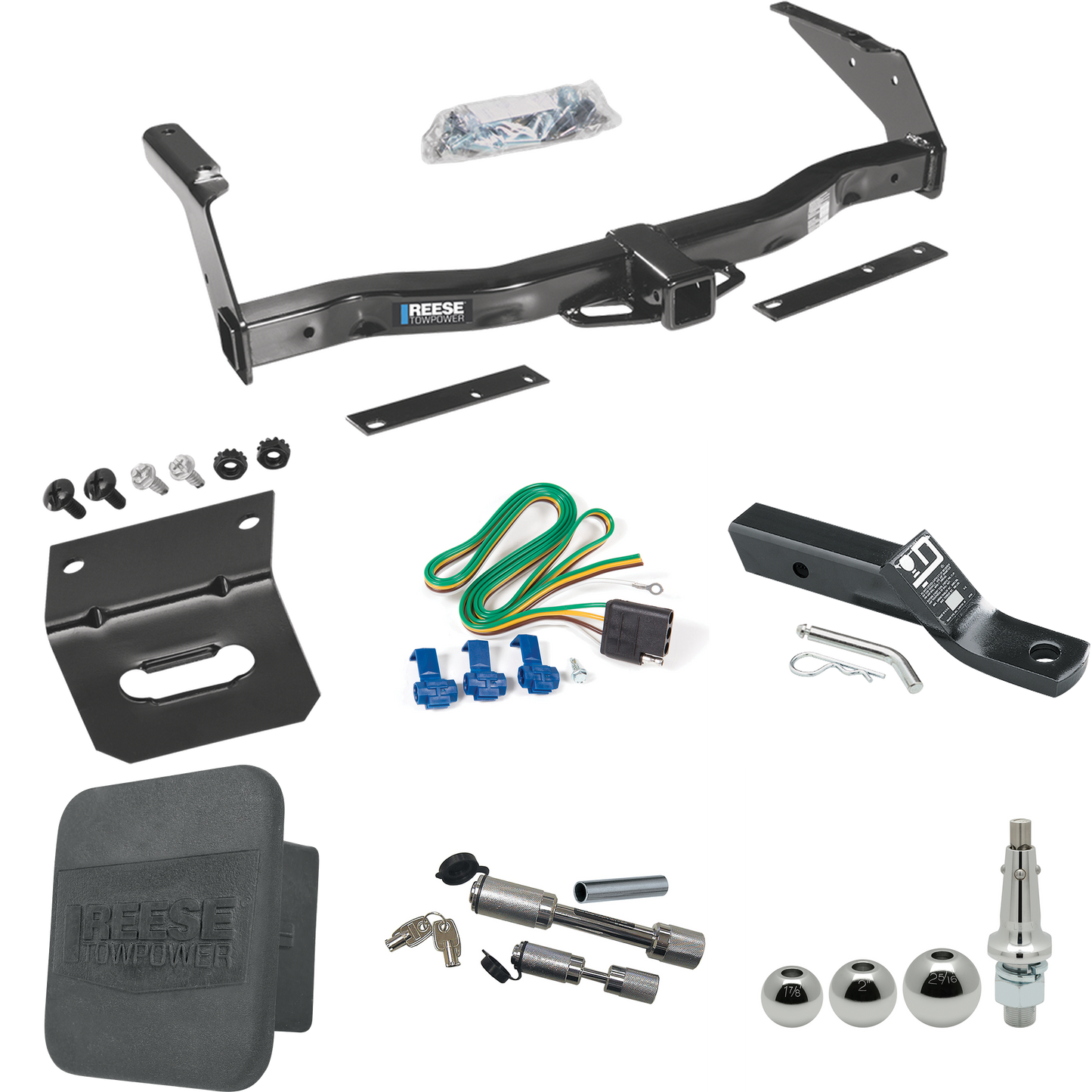 Fits 1999-2000 Dodge Ram 1500 Van Trailer Hitch Tow PKG w/ 4-Flat Wiring + Ball Mount w/ 2" Drop + Interchangeable Ball 1-7/8" & 2" & 2-5/16" + Wiring Bracket + Dual Hitch & Coupler Locks + Hitch Cover By Reese Towpower