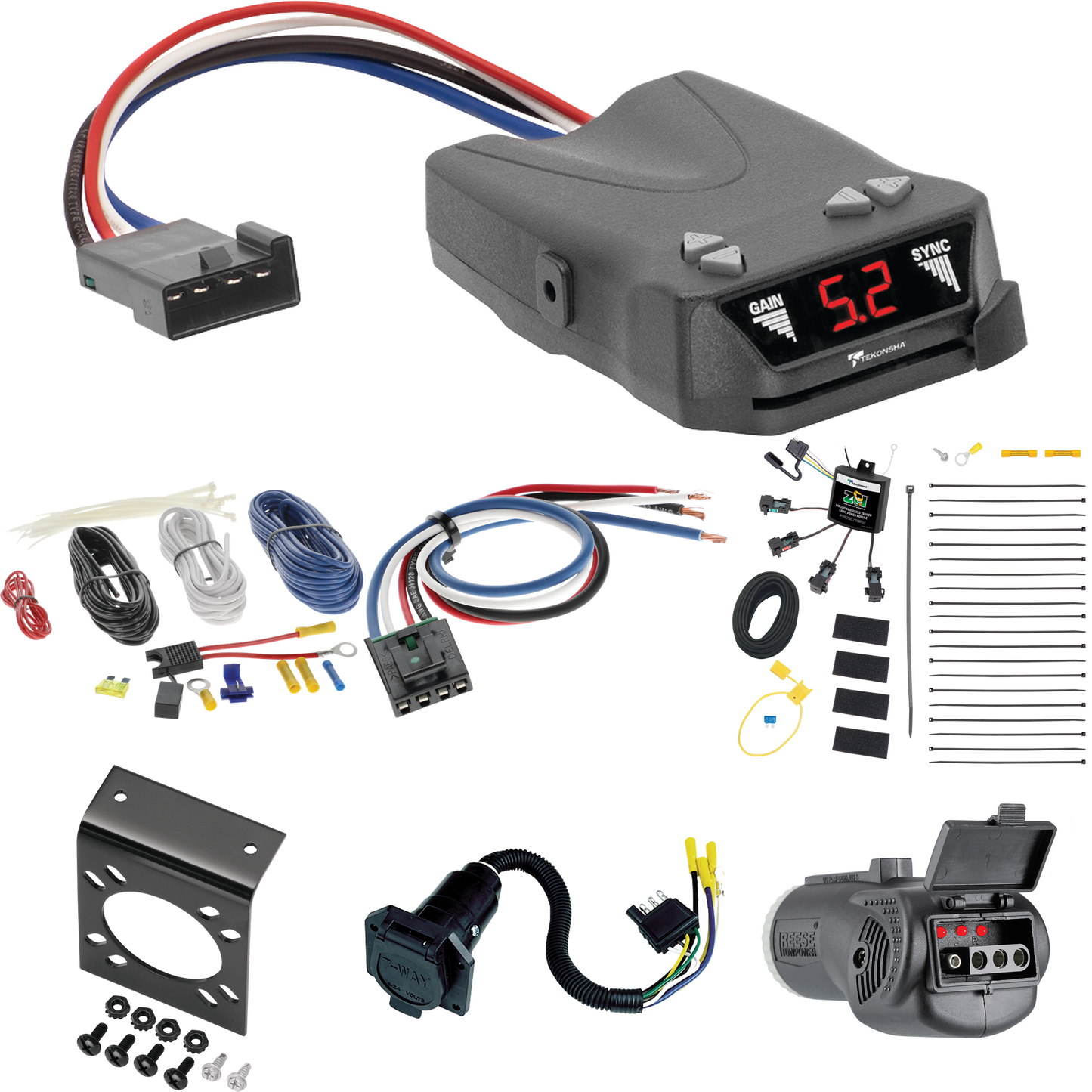 Se adapta al cableado RV de 7 vías Lexus RX350L 2018-2021 con módulo ZCI de contacto cero + control de frenos Tekonsha Brakeman IV + adaptador de cableado BC genérico + probador 2 en 1 y adaptador de 7 vías a 4 vías de Tekonsha