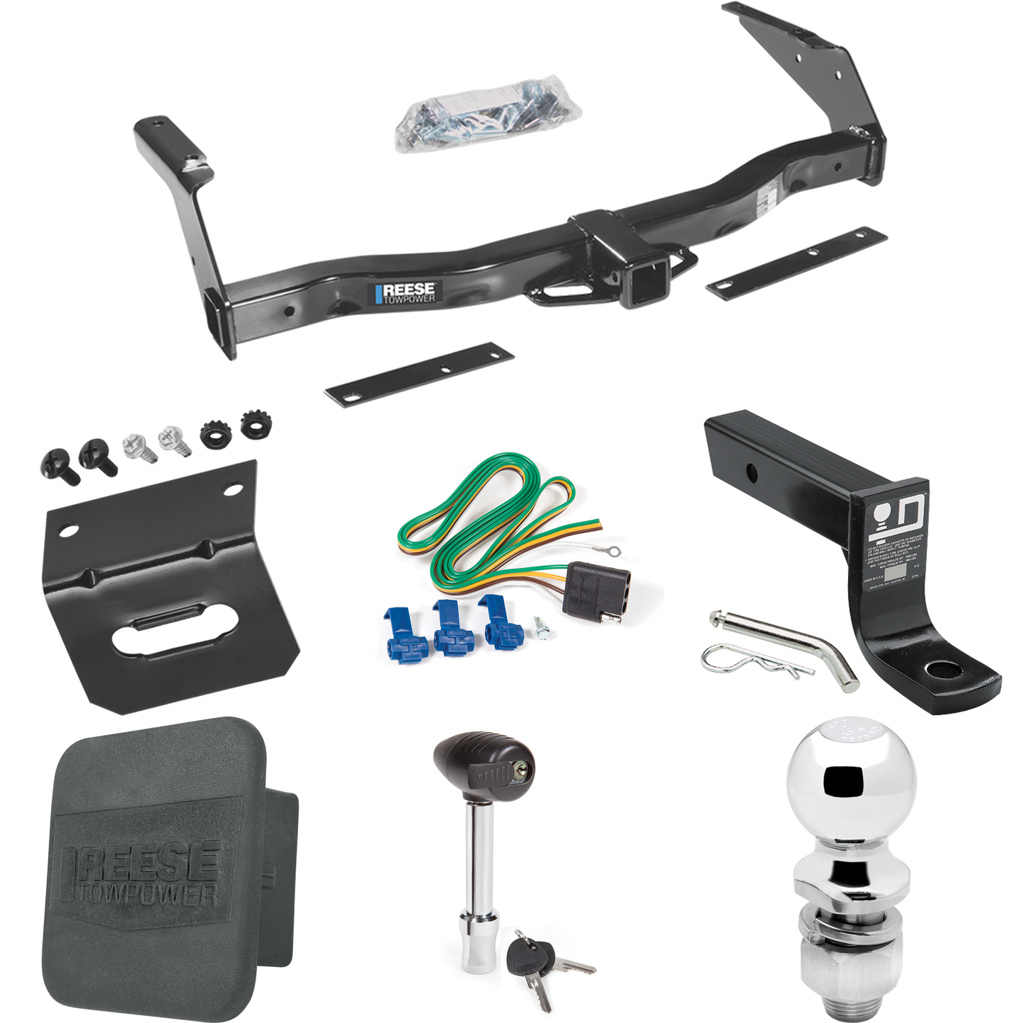 Fits 1981-1994 Dodge B150 Trailer Hitch Tow PKG w/ 4-Flat Wiring + Ball Mount w/ 4" Drop + 2" Ball + Wiring Bracket + Hitch Lock + Hitch Cover By Reese Towpower