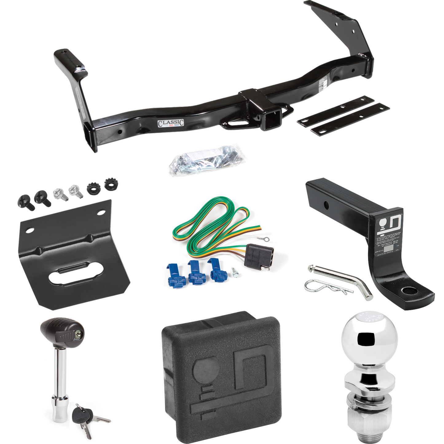 Fits 1981-1994 Dodge B150 Trailer Hitch Tow PKG w/ 4-Flat Wiring + Ball Mount w/ 4" Drop + 2" Ball + Wiring Bracket + Hitch Lock + Hitch Cover By Draw-Tite