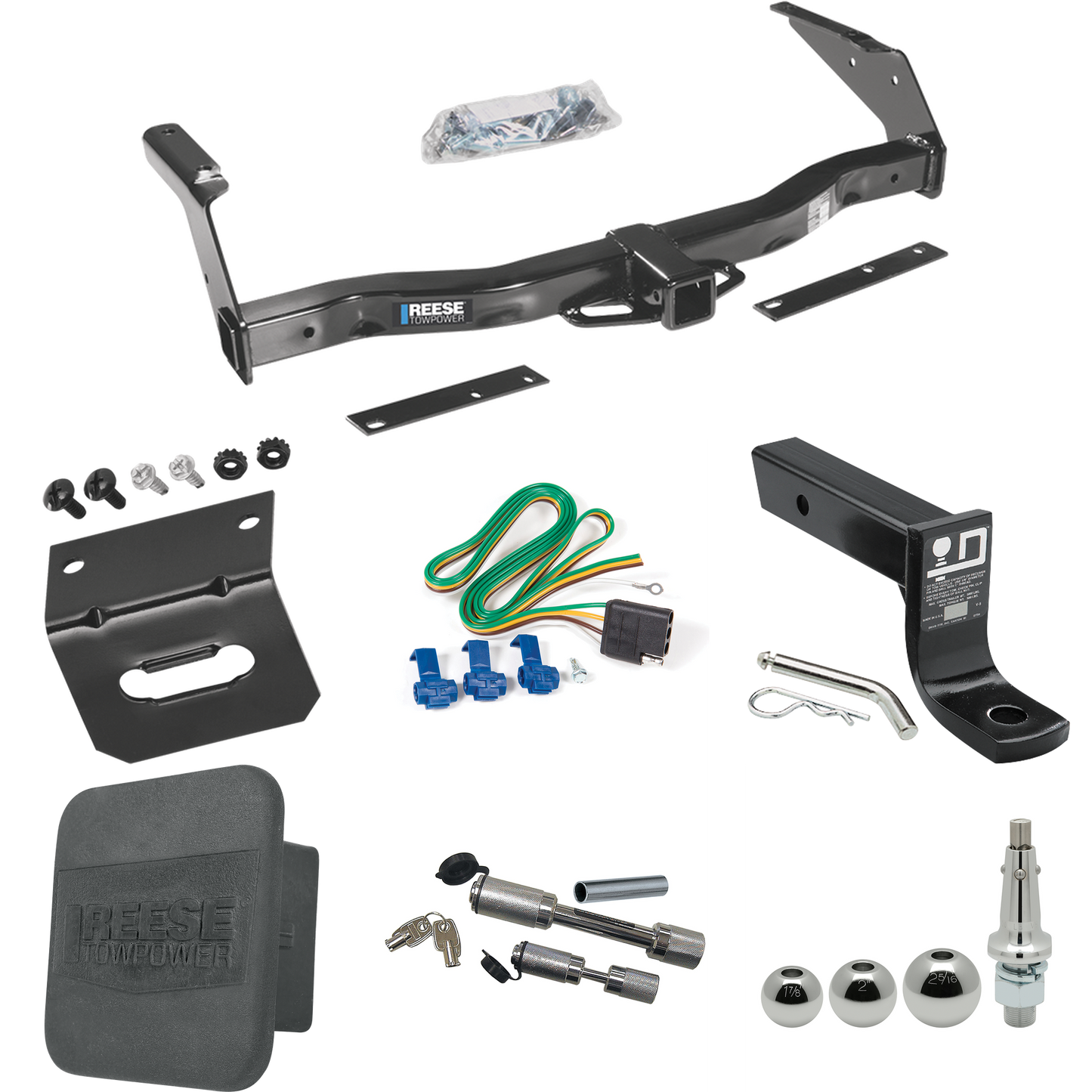 Fits 1981-1994 Dodge B150 Trailer Hitch Tow PKG w/ 4-Flat Wiring + Ball Mount w/ 4" Drop + Interchangeable Ball 1-7/8" & 2" & 2-5/16" + Wiring Bracket + Dual Hitch & Coupler Locks + Hitch Cover By Reese Towpower