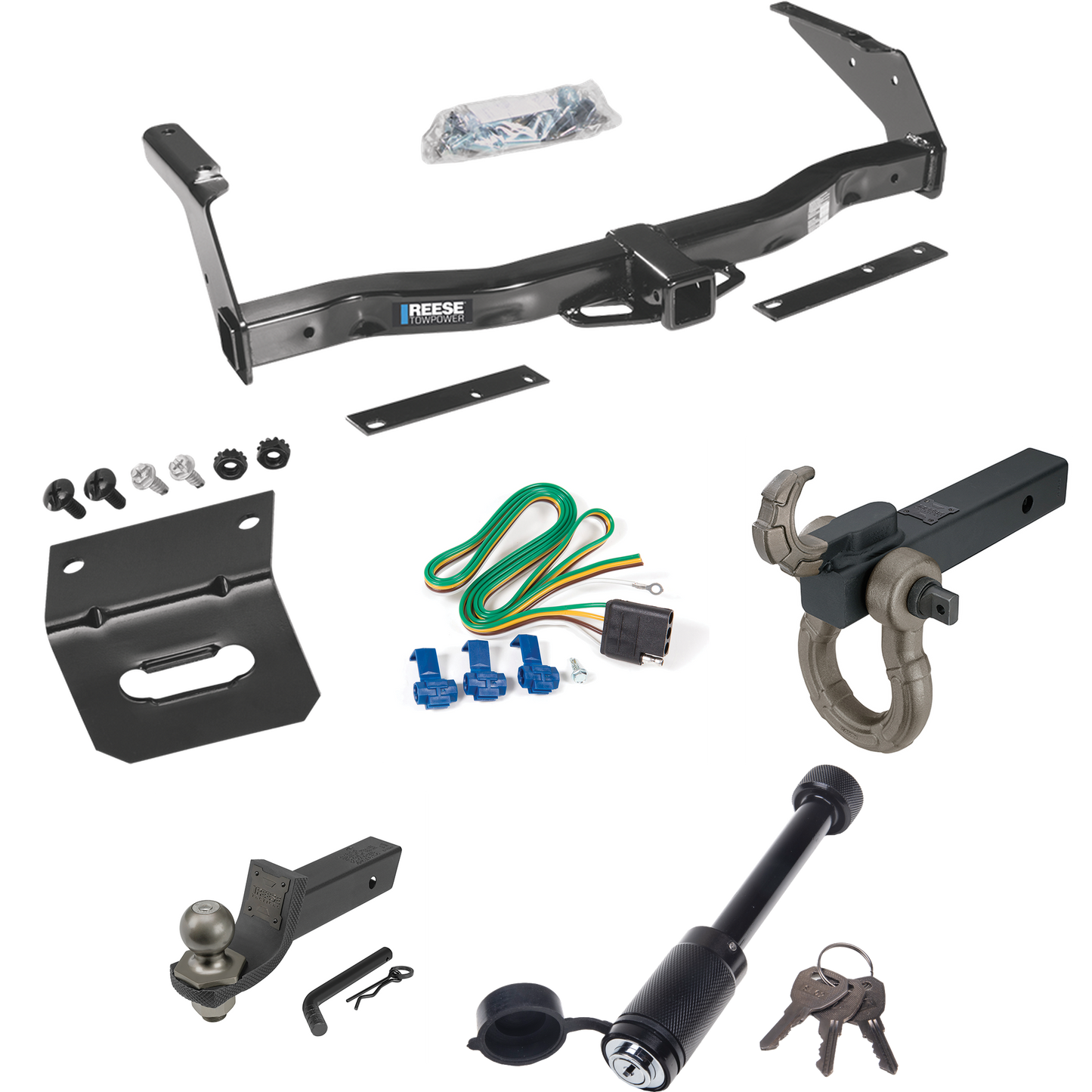 Fits 1981-1994 Dodge B350 Trailer Hitch Tow PKG w/ 4-Flat Wiring + Interlock Tactical Starter Kit w/ 2" Drop & 2" Ball + Tactical Hook & Shackle Mount + Tactical Dogbone Lock + Wiring Bracket By Reese Towpower