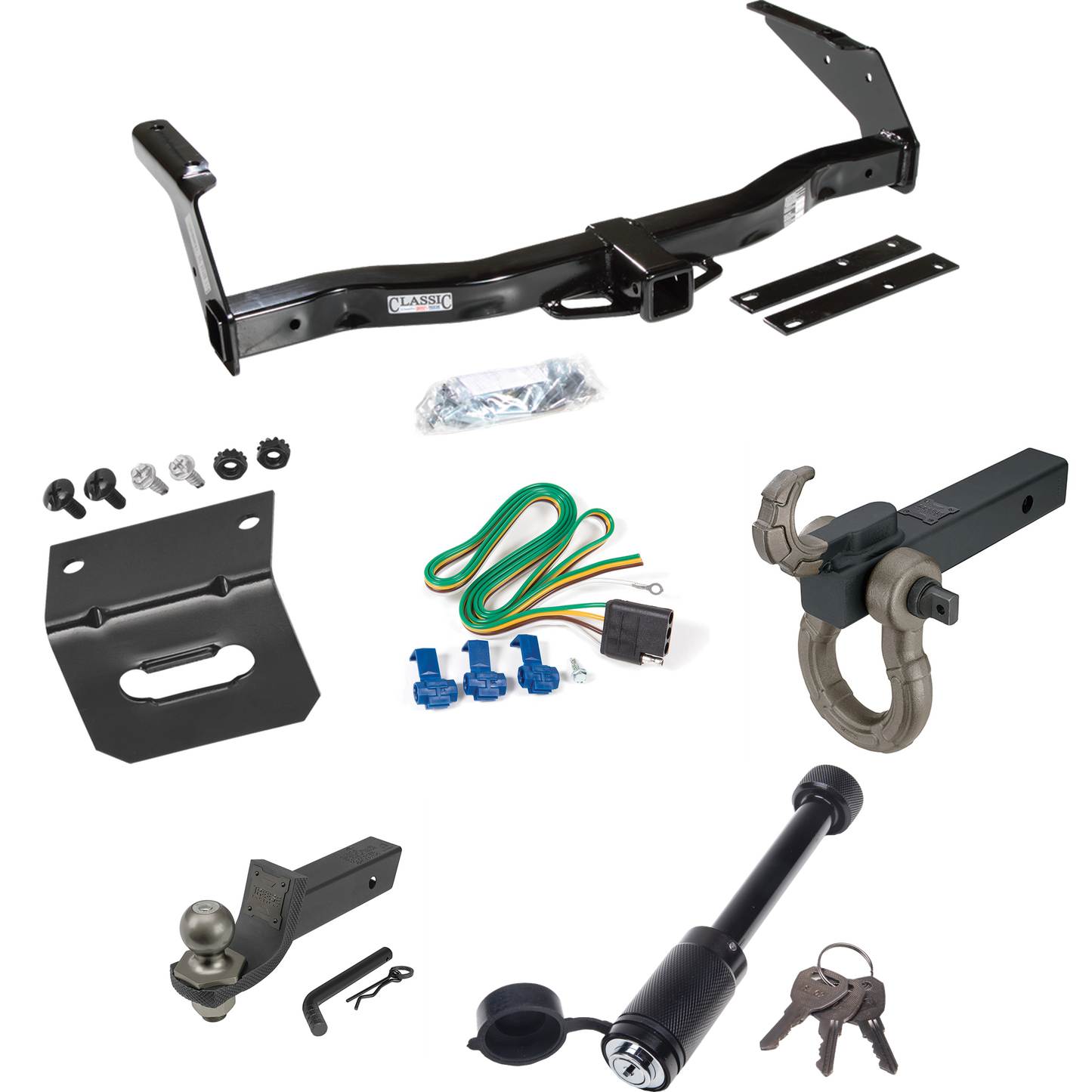 Fits 1981-1994 Dodge B350 Trailer Hitch Tow PKG w/ 4-Flat Wiring + Interlock Tactical Starter Kit w/ 2" Drop & 2" Ball + Tactical Hook & Shackle Mount + Tactical Dogbone Lock + Wiring Bracket By Draw-Tite