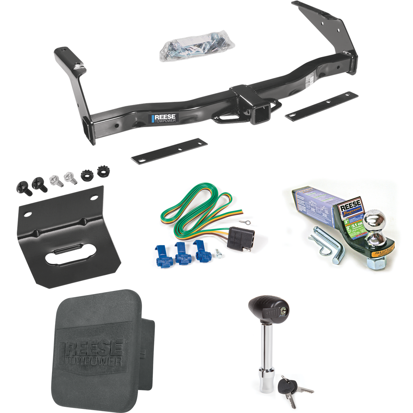 Fits 1999-2000 Dodge Ram 1500 Van Trailer Hitch Tow PKG w/ 4-Flat Wiring + Starter Kit Ball Mount w/ 2" Drop & 1-7/8" Ball + Wiring Bracket + Hitch Lock + Hitch Cover By Reese Towpower